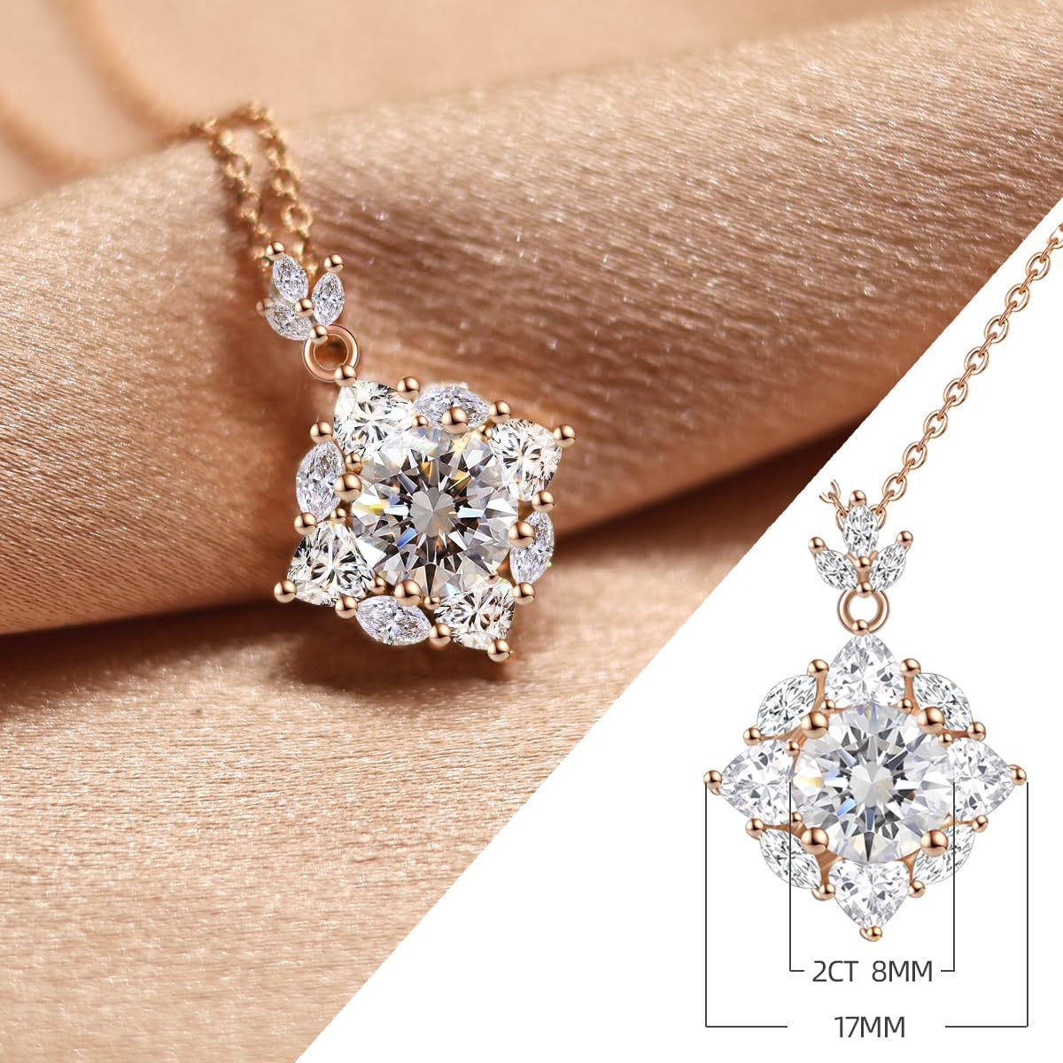 Imagen de FEIKFEIZ Collar de mujer con colgante de moissanita, diamantes cultivados en laboratorio de 2CT, bañado en oro con oro rosa de 18K, regalo de joyería, el collar es resistente al agua.