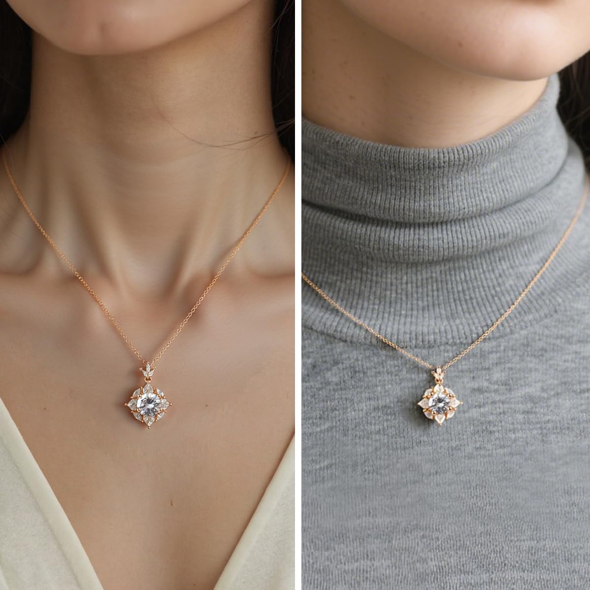 Imagen de FEIKFEIZ Collar de mujer con colgante de moissanita, diamantes cultivados en laboratorio de 2CT, bañado en oro con oro rosa de 18K, regalo de joyería, el collar es resistente al agua.