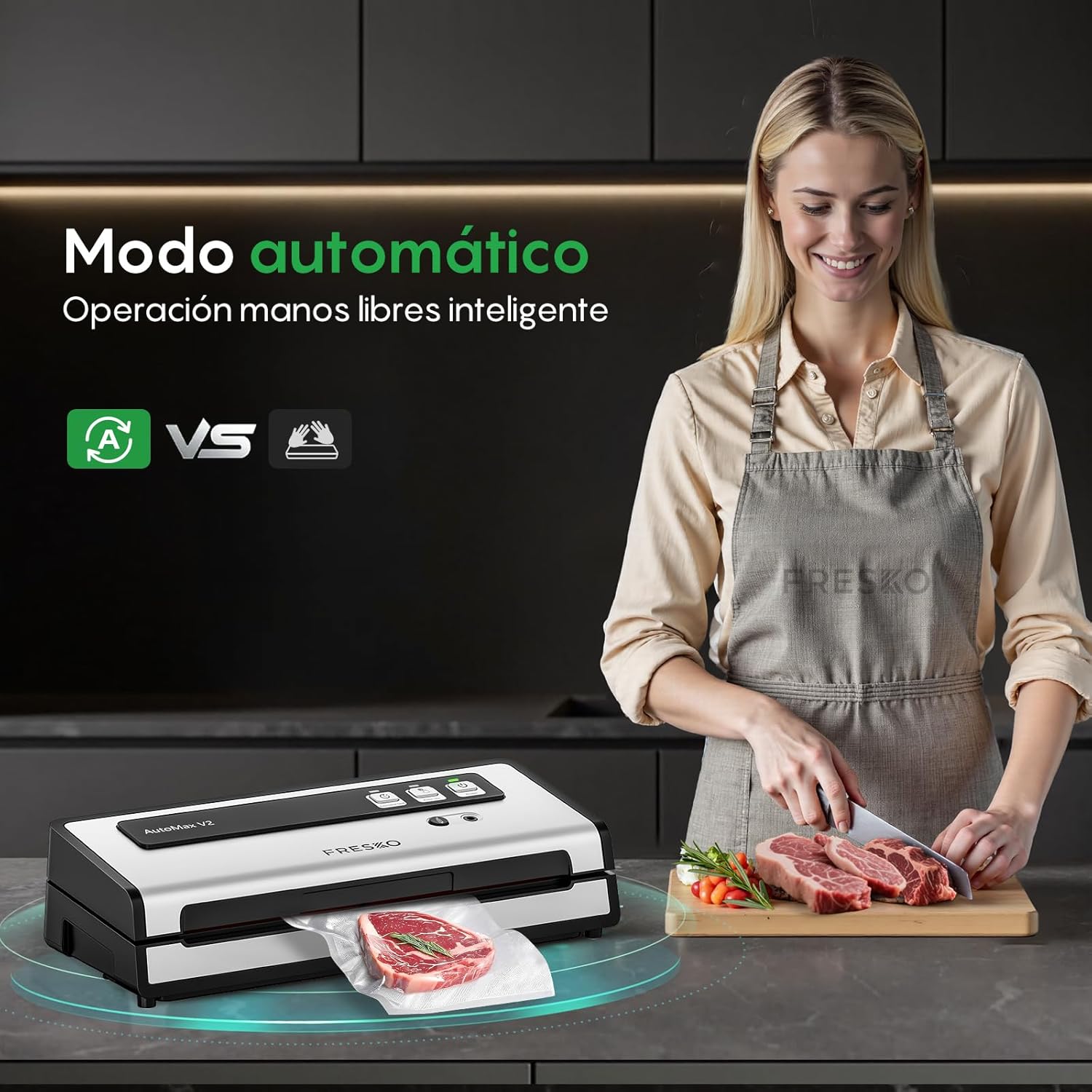 Imagen de FRESKO Envasadora al vacío Automática, 140 W con Doble Sellado Térmico, Modo Húmedo/Seco, Operación con una Sola Mano,Bloqueo Automático, 10 Bolsas Precortadas (Automax V2)