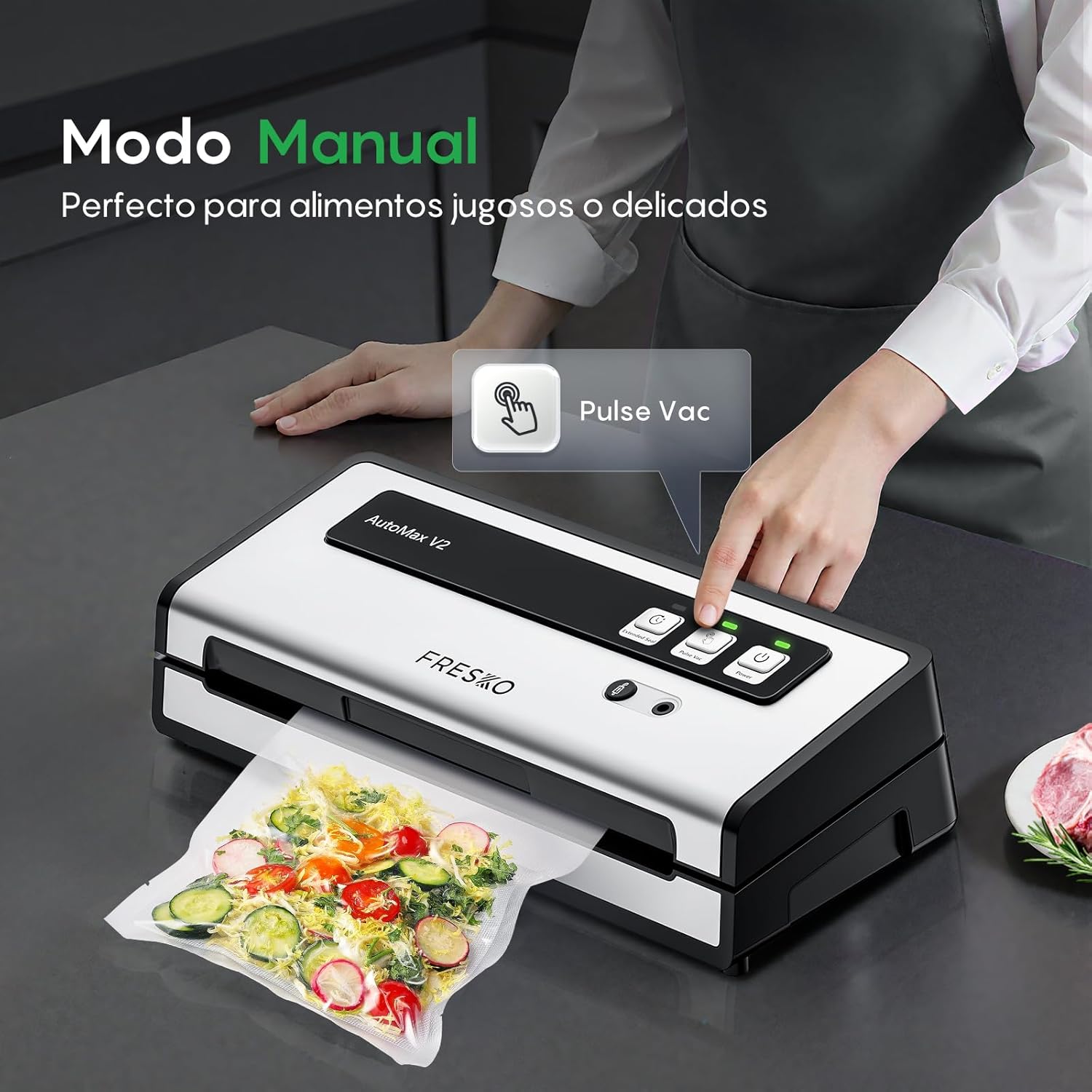 Imagen de FRESKO Envasadora al vacío Automática, 140 W con Doble Sellado Térmico, Modo Húmedo/Seco, Operación con una Sola Mano,Bloqueo Automático, 10 Bolsas Precortadas (Automax V2)