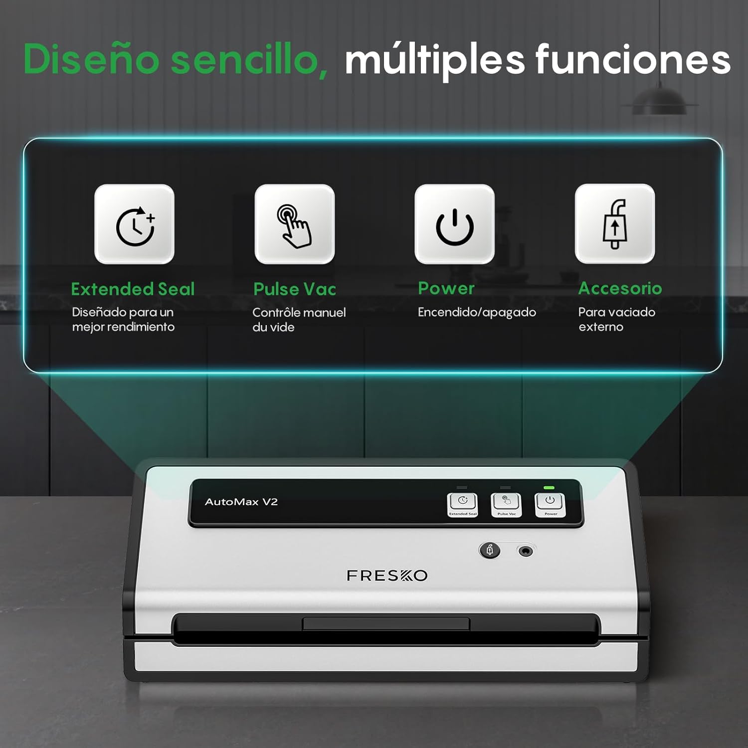 Imagen de FRESKO Envasadora al vacío Automática, 140 W con Doble Sellado Térmico, Modo Húmedo/Seco, Operación con una Sola Mano,Bloqueo Automático, 10 Bolsas Precortadas (Automax V2)