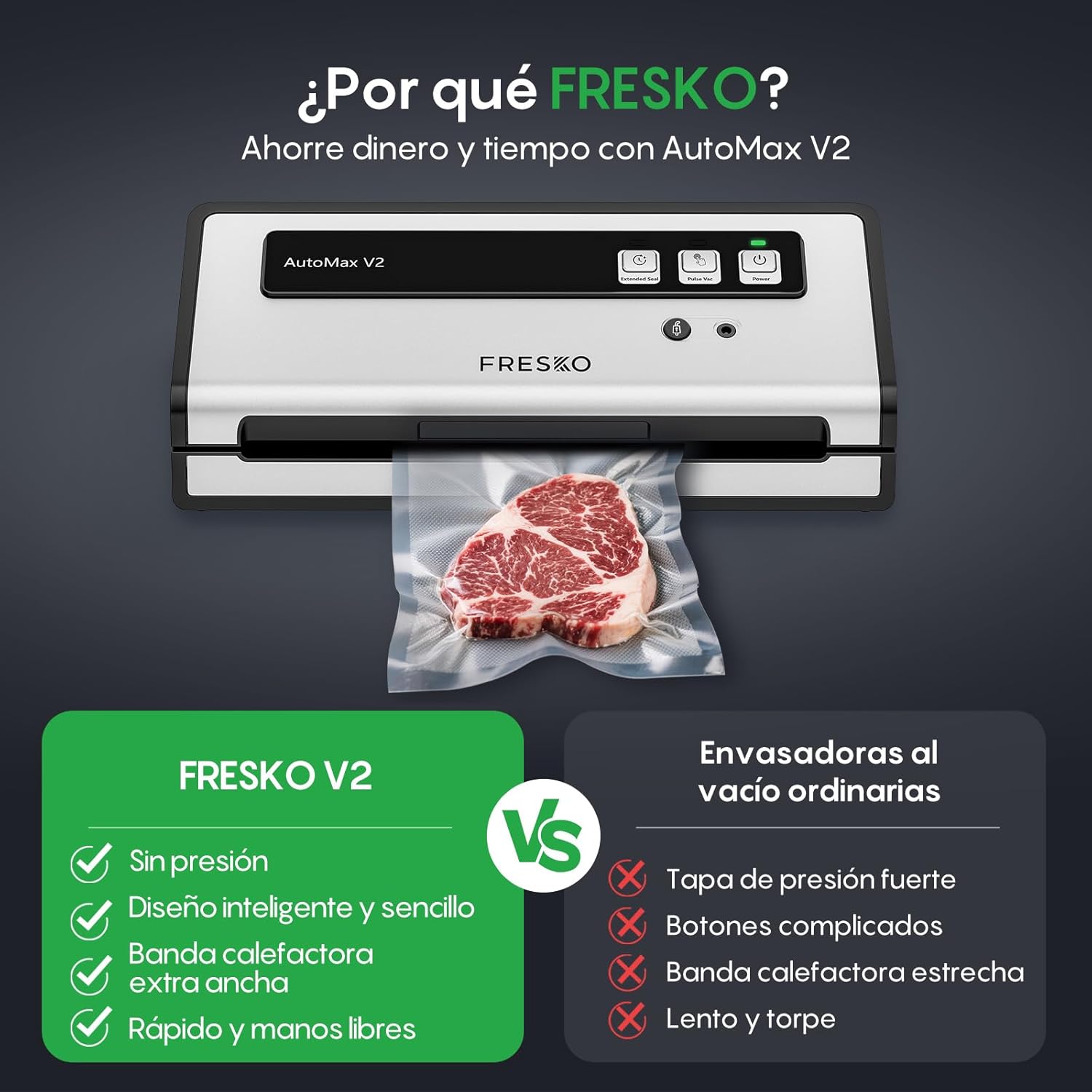 Imagen de FRESKO Envasadora al vacío Automática, 140 W con Doble Sellado Térmico, Modo Húmedo/Seco, Operación con una Sola Mano,Bloqueo Automático, 10 Bolsas Precortadas (Automax V2)