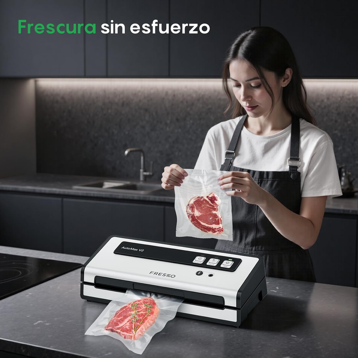 Imagen de FRESKO Envasadora al vacío Automática, 140 W con Doble Sellado Térmico, Modo Húmedo/Seco, Operación con una Sola Mano,Bloqueo Automático, 10 Bolsas Precortadas (Automax V2)