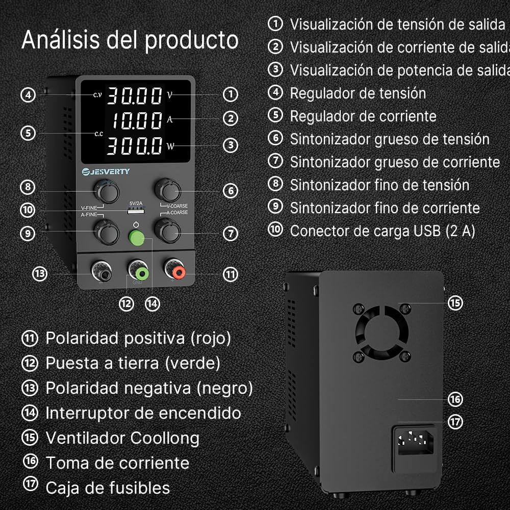Imagen de Fuente de Alimentación Regulable 30V 10A DC Fuentes de Alimentación de Laboratorio Fuente de Alimentacion de Banco Ajustable Pantalla LED de 4 Dígitos Jesverty SPS-3010N
