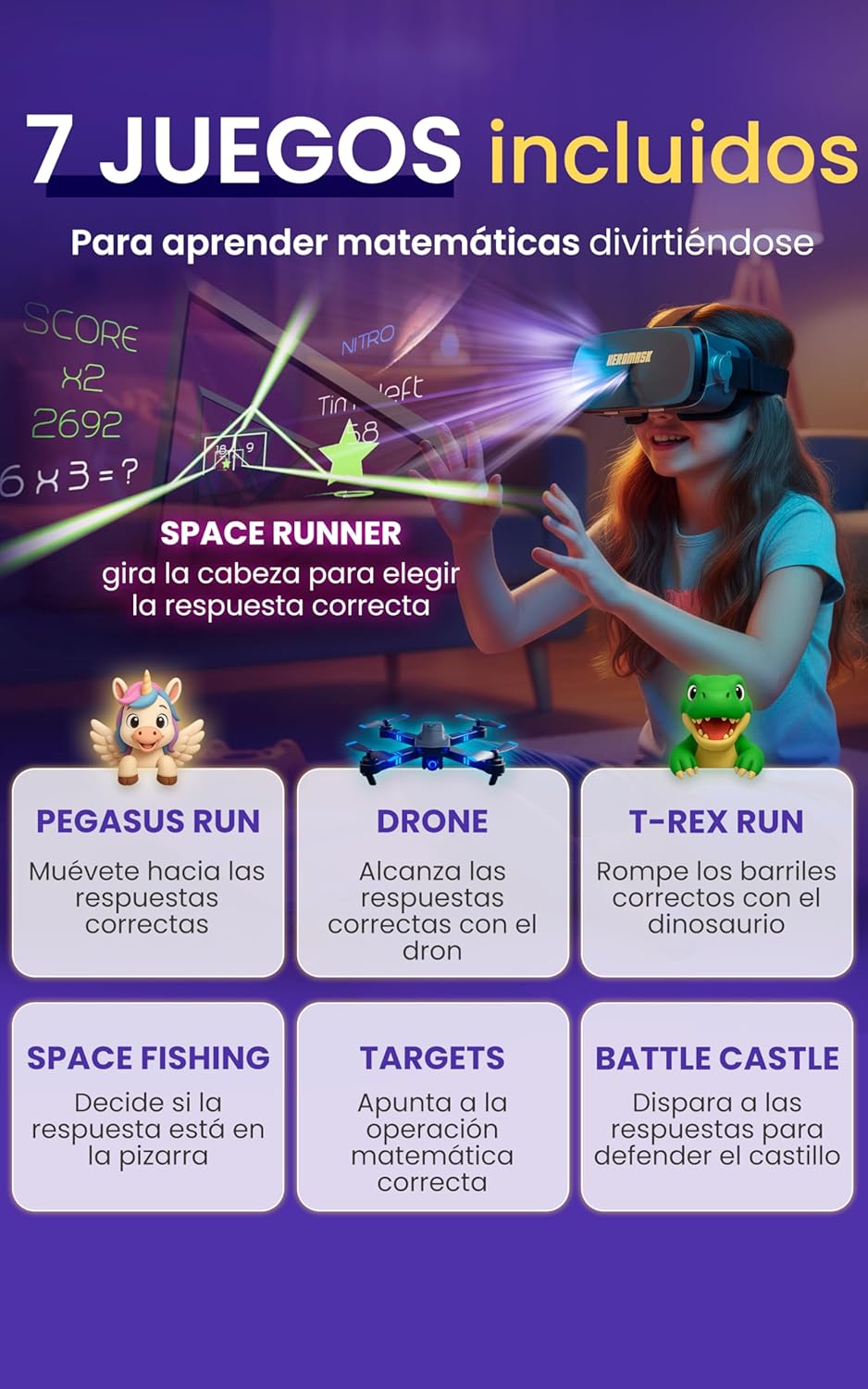 Imagen de Gafas VR HeroMask + Juegos Matemáticas 5-12 años — El Regalo Educativo Que Hace Que los niños pidan: ¿5 Minutos más? | Tablas de Multiplicar, Sumas, Cálculo Mental y Mucho más | 3D, Realidad Virtual