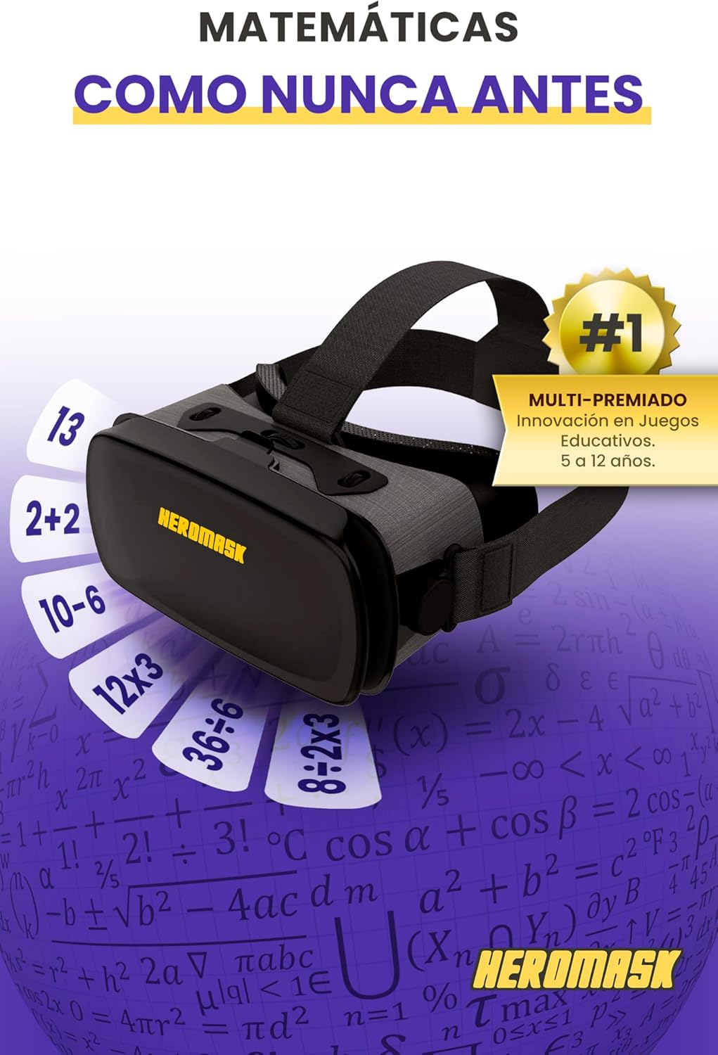 Imagen de Gafas VR HeroMask + Juegos Matemáticas 5-12 años — El Regalo Educativo Que Hace Que los niños pidan: ¿5 Minutos más? | Tablas de Multiplicar, Sumas, Cálculo Mental y Mucho más | 3D, Realidad Virtual