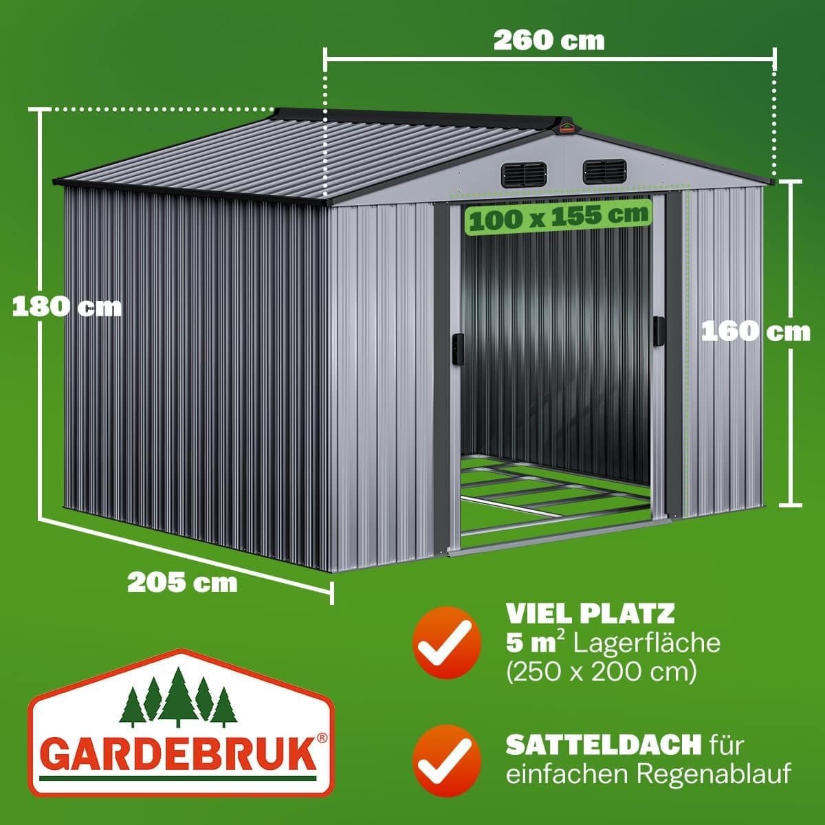 Imagen de GARDEBRUK Cobertizo de Jardín XXL Caseta Exterior 5m² con Base 260x205x180cm 9m³ Puerta Corrediza Gris Metálico