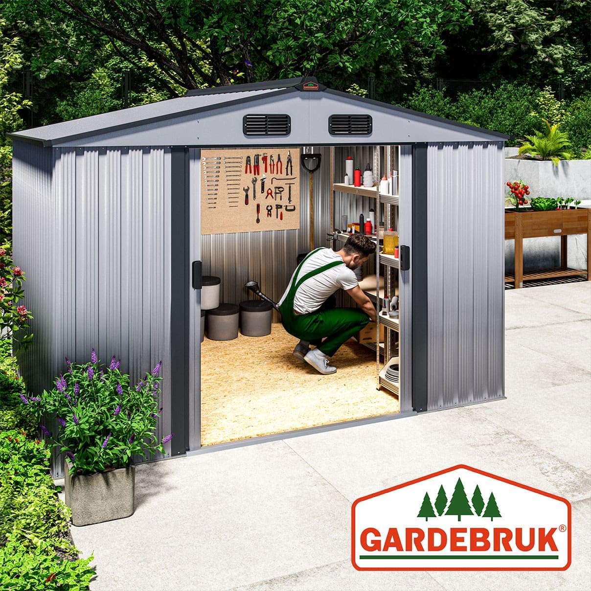 Imagen de GARDEBRUK Cobertizo de Jardín XXL Caseta Exterior 5m² con Base 260x205x180cm 9m³ Puerta Corrediza Gris Metálico