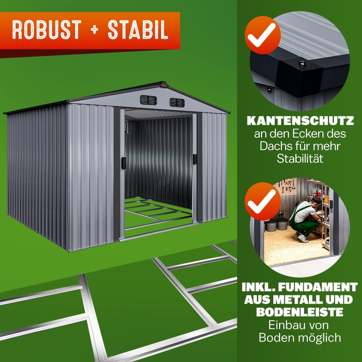 Imagen de GARDEBRUK Cobertizo de Jardín XXL Caseta Exterior 5m² con Base 260x205x180cm 9m³ Puerta Corrediza Gris Metálico