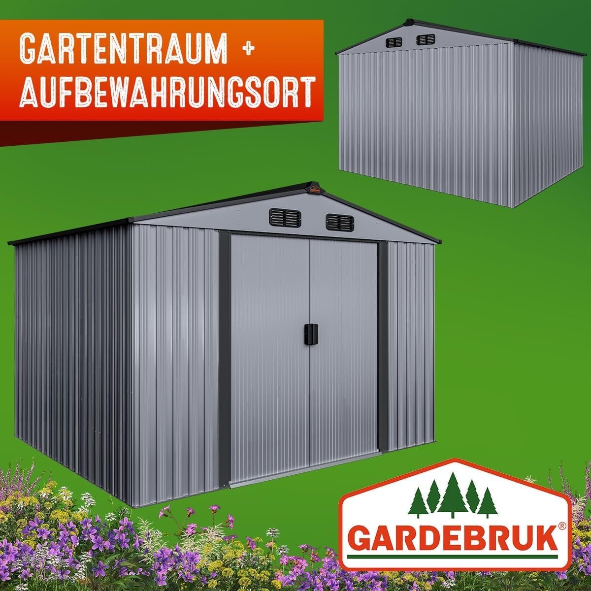 Imagen de GARDEBRUK Cobertizo de Jardín XXL Caseta Exterior 5m² con Base 260x205x180cm 9m³ Puerta Corrediza Gris Metálico