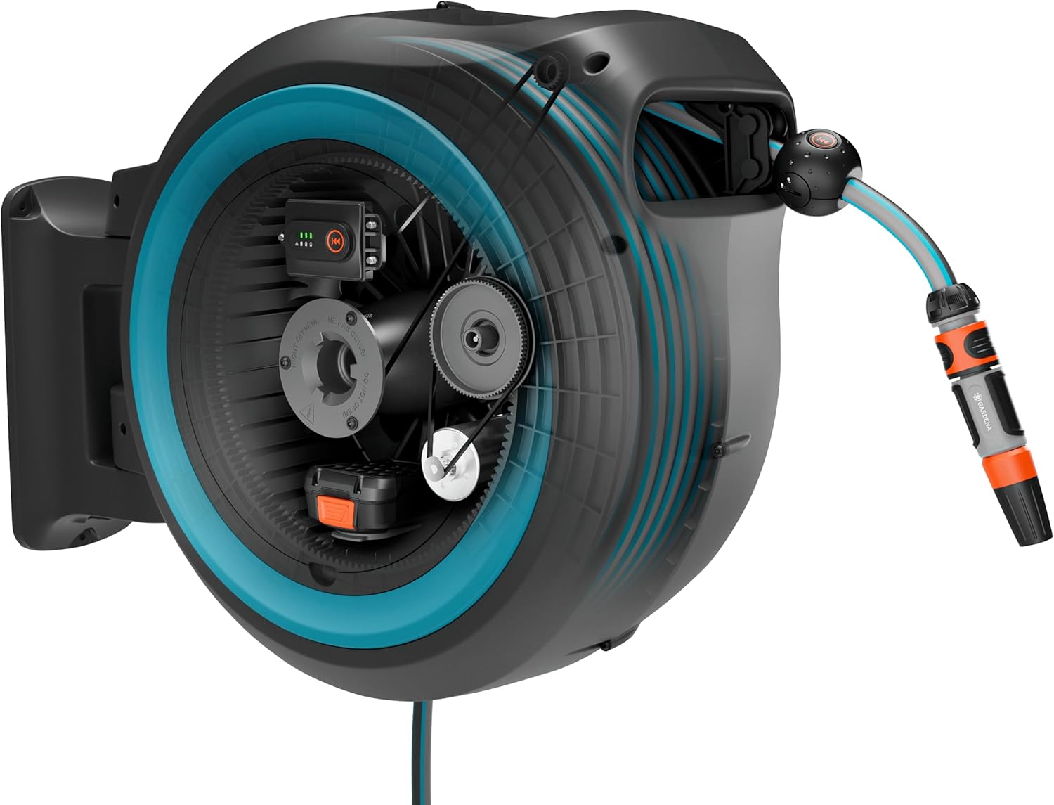 Imagen de Gardena Conjunto Listo Para Usar Portamanguera de Pared con Batería PowerRoll XL: Portamanguera automático con manguera de 35 m, guía de manguera y RollControll, con batería (18640-20)