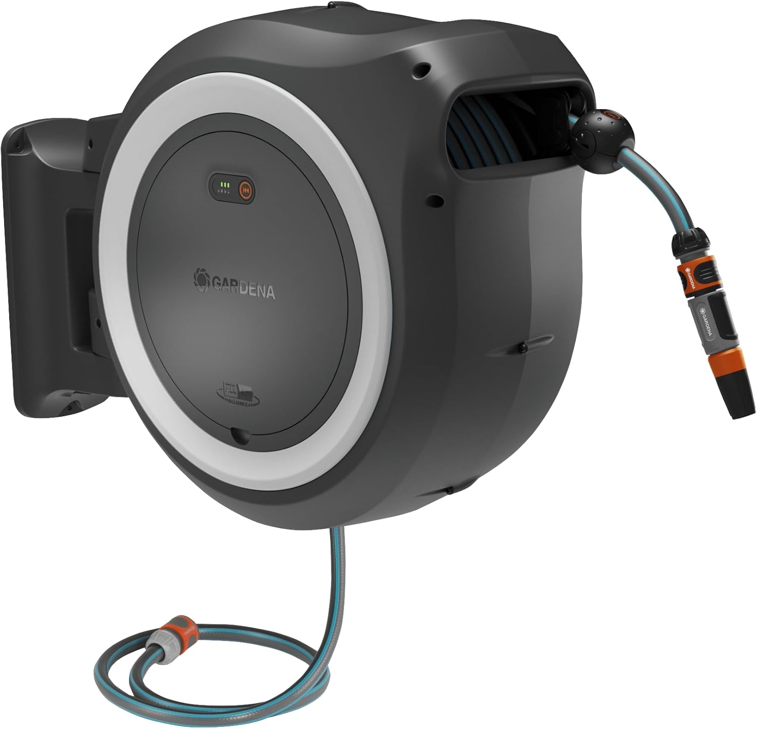 Imagen de Gardena Conjunto Listo Para Usar Portamanguera de Pared con Batería PowerRoll XL: Portamanguera automático con manguera de 35 m, guía de manguera y RollControll, con batería (18640-20)