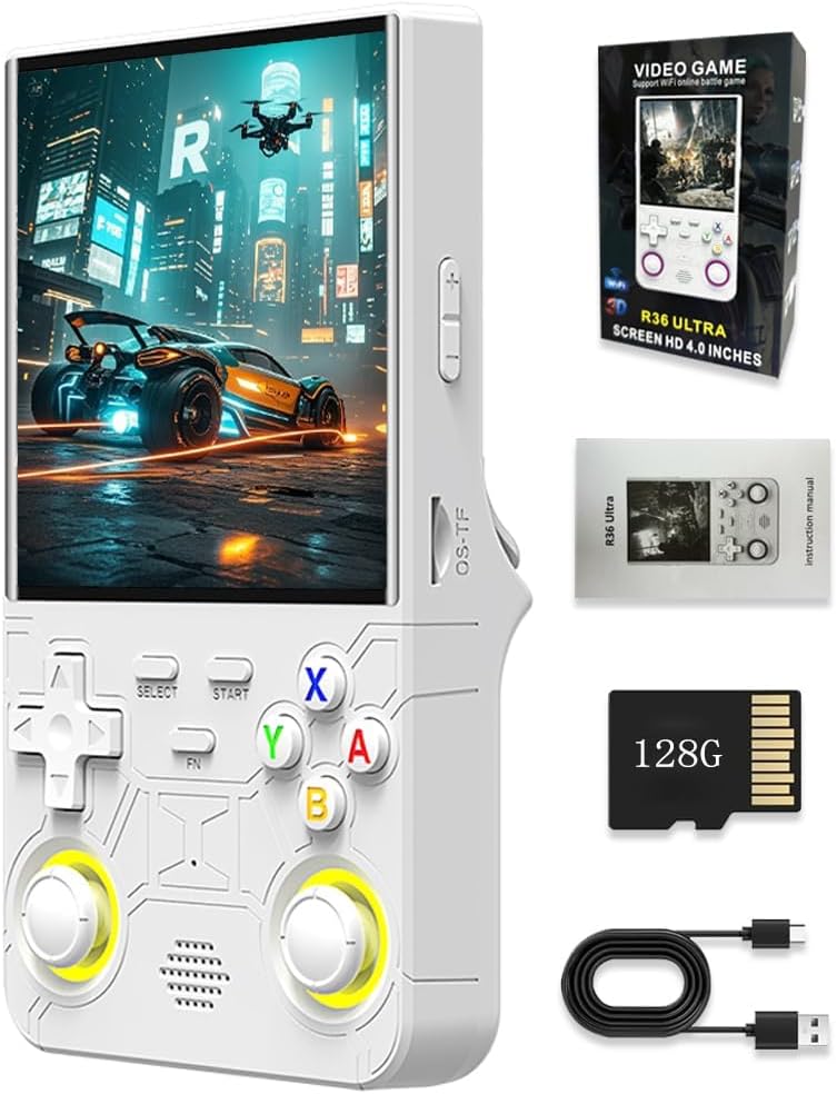 Imagen de Genzo Consola Portatil Retro R36 Ultra 2026 con 128GB y más de 40.000 Juegos - Juegos de PSP, GameB, PS1, SuperNint, MegaD, NeoG, etc. +30 Emuladores -Pantalla Grande HD IPS de 4 Pulgadas (Blanco)