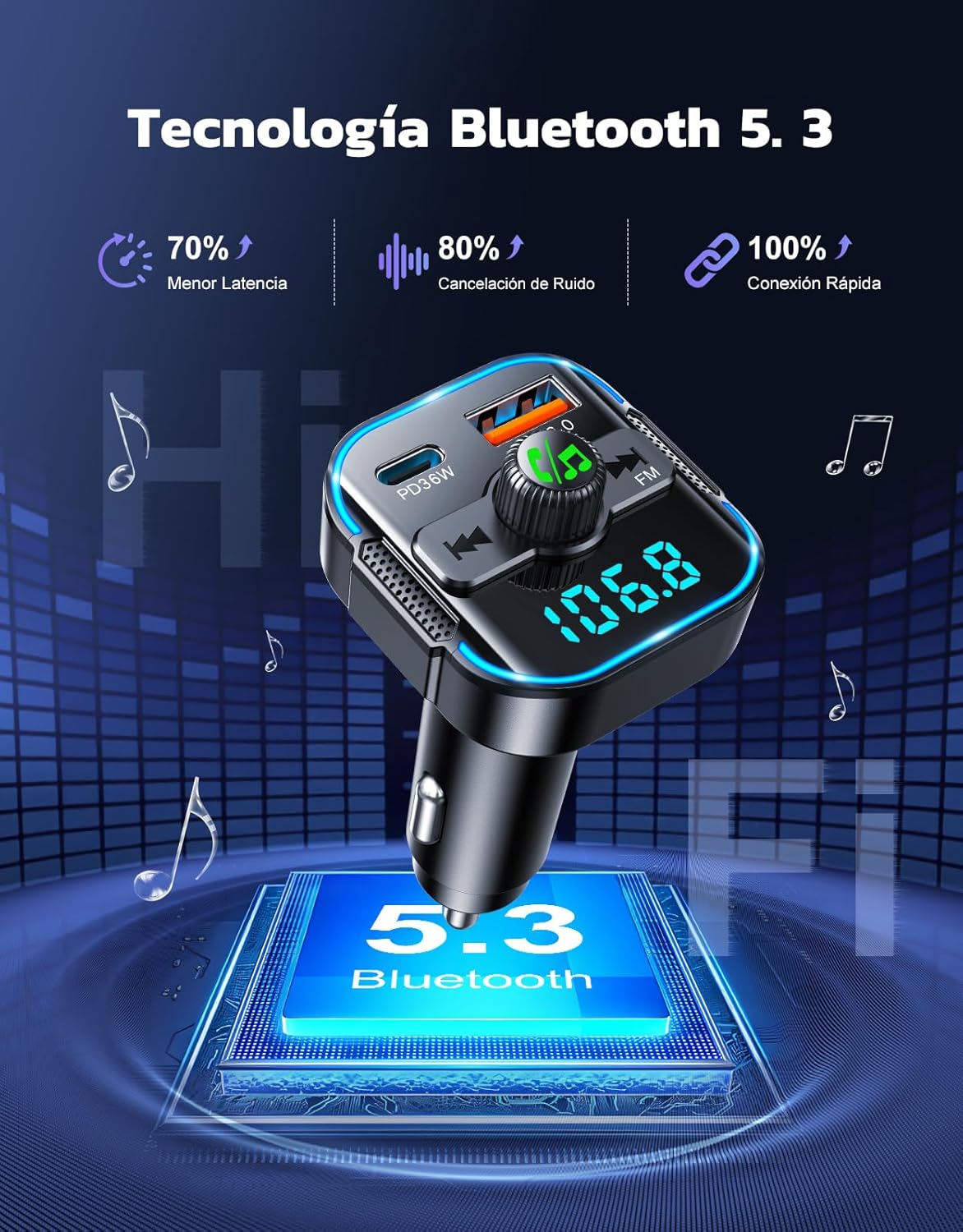 Imagen de Glangeh 2026 Transmisor FM Bluetooth 5.3 Coche【PD 36W + QC 18W】, 2 en 1 【Micrófonos Duales】 Receptor Bluetooth y Cargador Rápido, Kit Manos Libres Coche Bluetooth, Asistente Siri/Musica