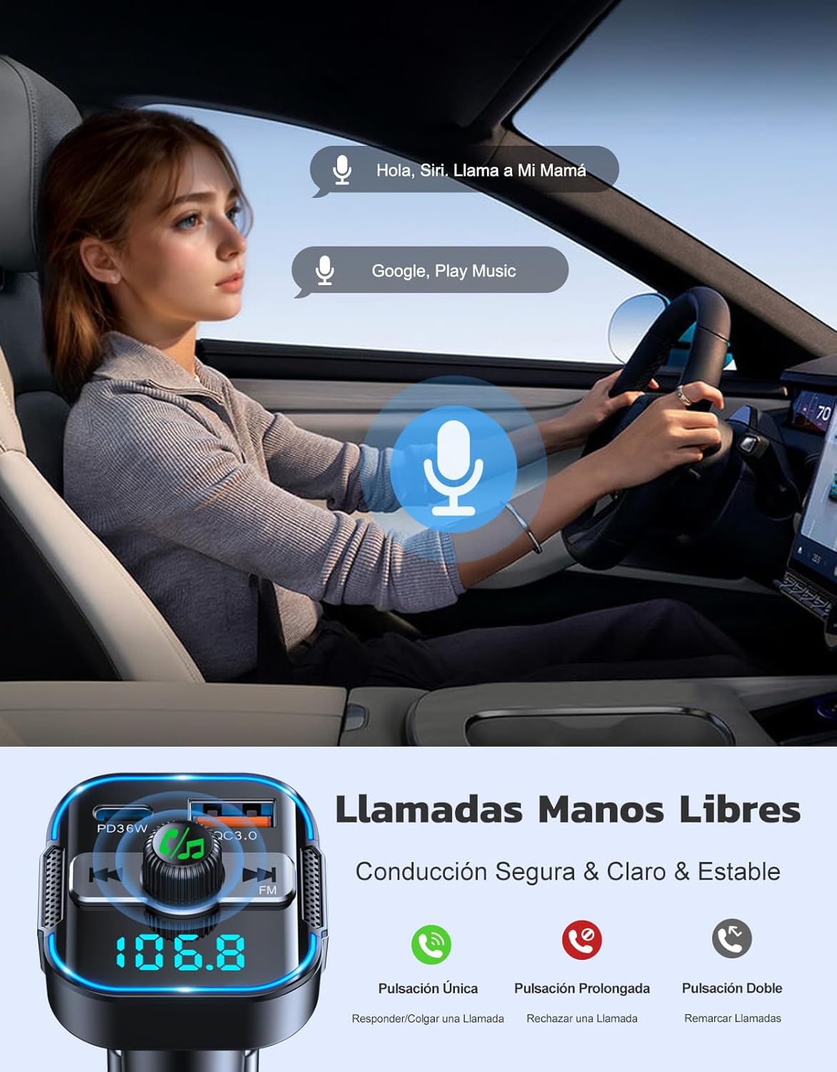 Imagen de Glangeh 2026 Transmisor FM Bluetooth 5.3 Coche【PD 36W + QC 18W】, 2 en 1 【Micrófonos Duales】 Receptor Bluetooth y Cargador Rápido, Kit Manos Libres Coche Bluetooth, Asistente Siri/Musica