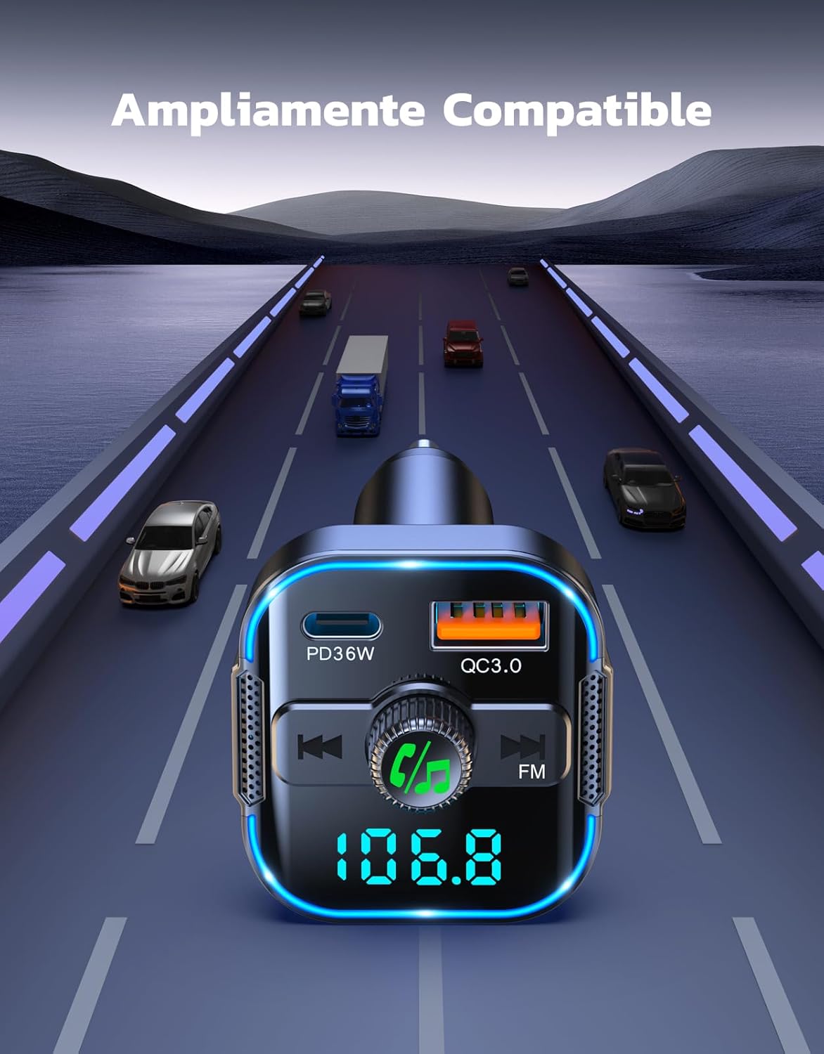 Imagen de Glangeh 2026 Transmisor FM Bluetooth 5.3 Coche【PD 36W + QC 18W】, 2 en 1 【Micrófonos Duales】 Receptor Bluetooth y Cargador Rápido, Kit Manos Libres Coche Bluetooth, Asistente Siri/Musica