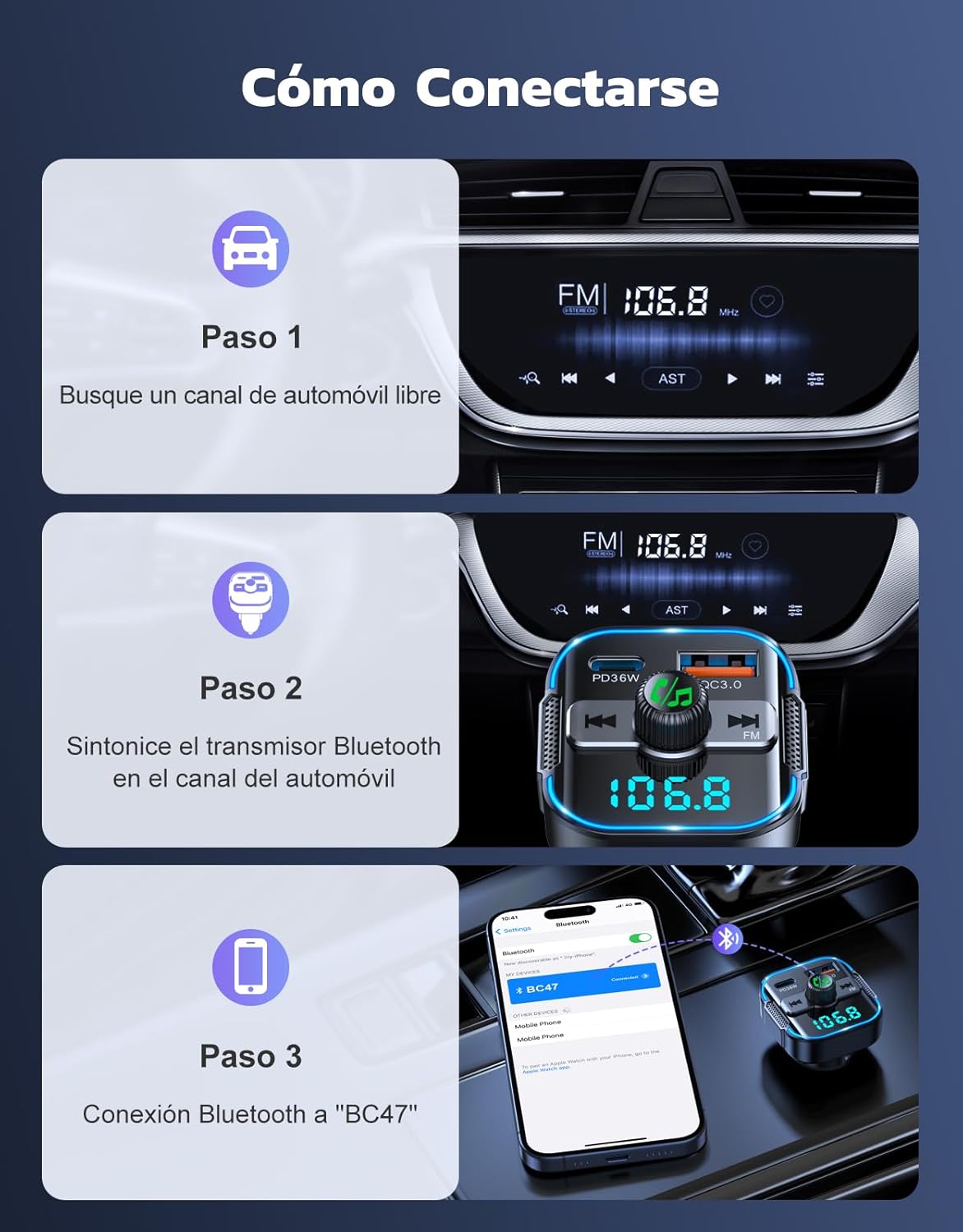 Imagen de Glangeh 2026 Transmisor FM Bluetooth 5.3 Coche【PD 36W + QC 18W】, 2 en 1 【Micrófonos Duales】 Receptor Bluetooth y Cargador Rápido, Kit Manos Libres Coche Bluetooth, Asistente Siri/Musica