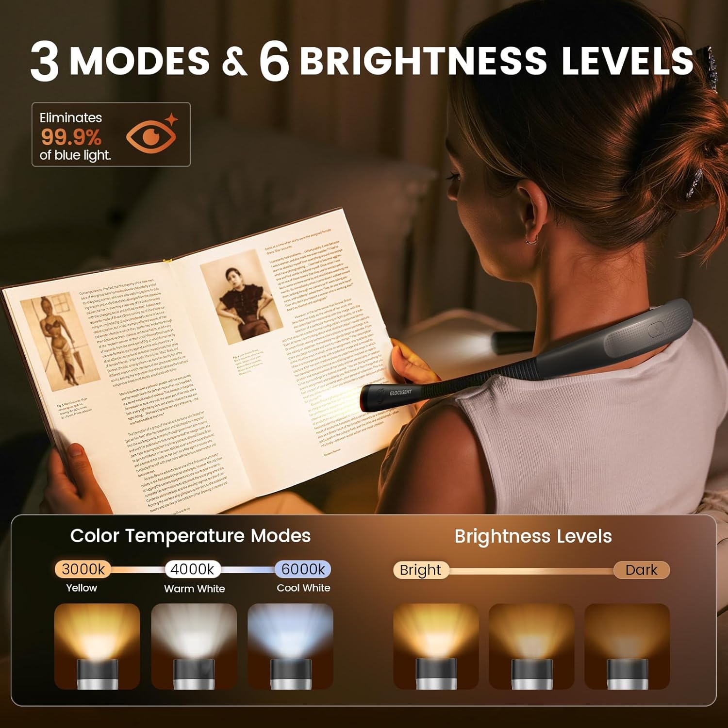 Imagen de Glocusent Luz de Lectura, Lampara Libro de Lectura Recargable, 3 Colores, 6 Niveles de Iluminación, Brazos Flexibles, Larga Duración, Perfecto para Leer, Tejer, Acampar, Reparar