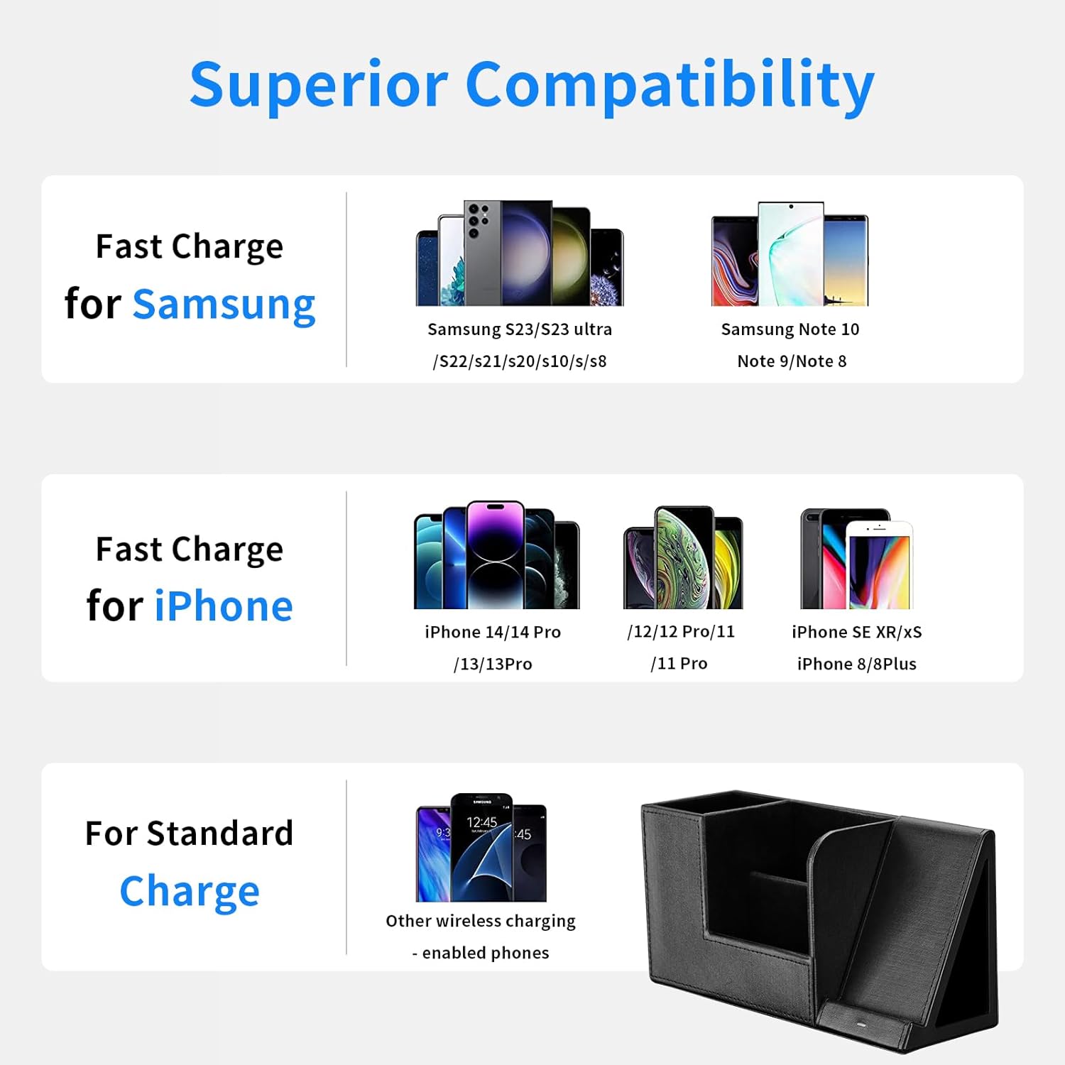 Imagen de GORESE Organizador de escritorio 2 en 1 con cargador inalámbrico rápido, suministros de oficina, estación de carga inductiva de 10 W para iPhone 15 14 13 12 Pro Max Samsung Galaxy S23/S22/S21/S20/S9