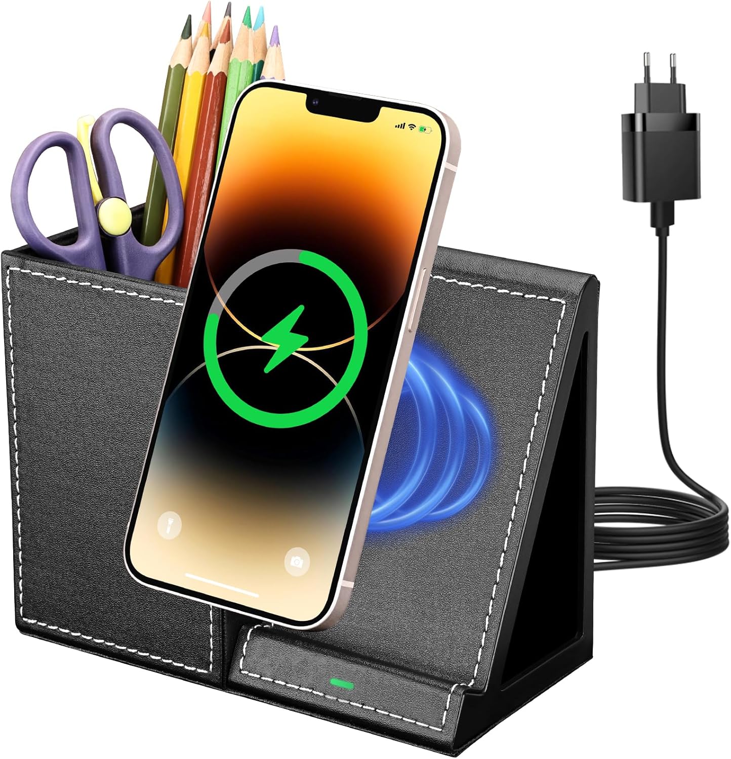 Imagen de GORESE Organizador de escritorio 2 en 1 con cargador inalámbrico rápido, suministros de oficina, estación de carga inductiva de 10 W para iPhone 15 14 13 12 Pro Max Samsung Galaxy S23/S22/S21/S20/S9