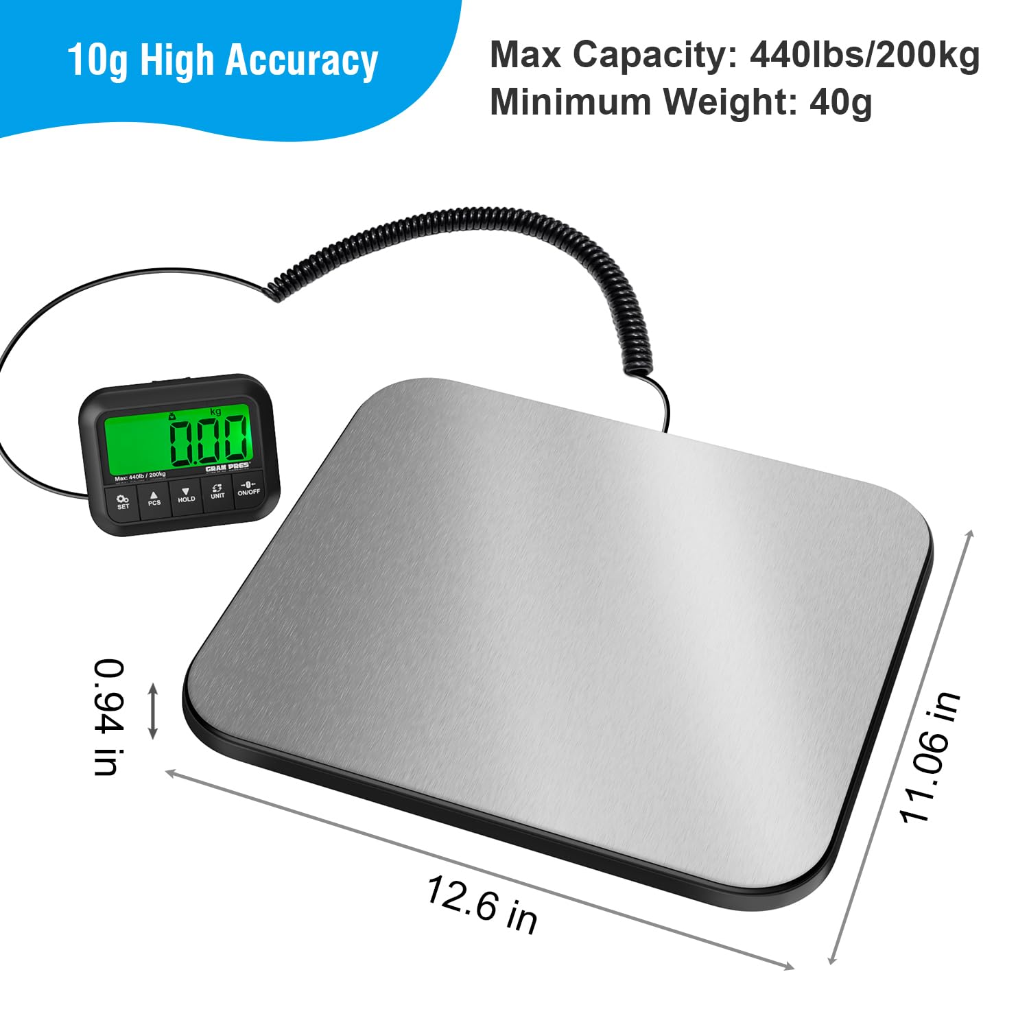 Imagen de GRAM PRES Báscula de correo digital con pantalla LCD para paquetes, equipaje, oficina de correos y perros, 440 lbs/10 g, incluye batería y cable USB