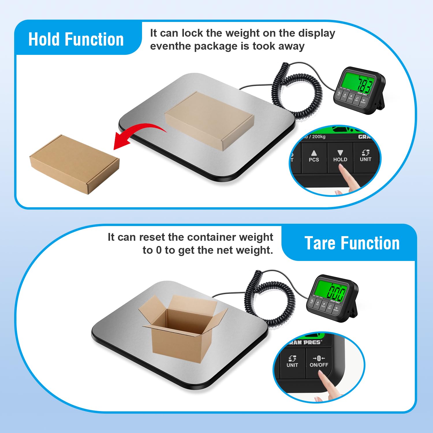 Imagen de GRAM PRES Báscula de correo digital con pantalla LCD para paquetes, equipaje, oficina de correos y perros, 440 lbs/10 g, incluye batería y cable USB