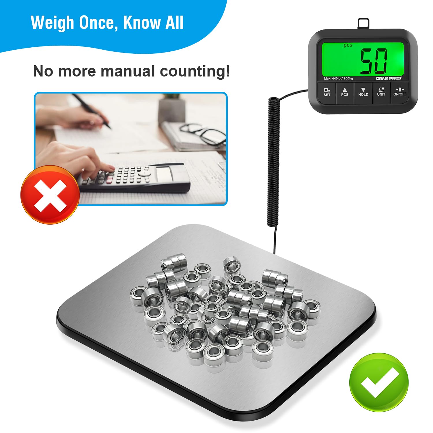 Imagen de GRAM PRES Báscula de correo digital con pantalla LCD para paquetes, equipaje, oficina de correos y perros, 440 lbs/10 g, incluye batería y cable USB
