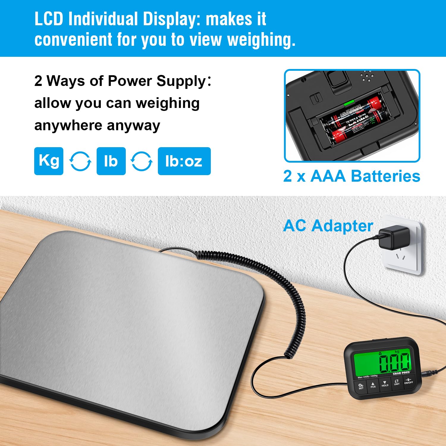 Imagen de GRAM PRES Báscula de correo digital con pantalla LCD para paquetes, equipaje, oficina de correos y perros, 440 lbs/10 g, incluye batería y cable USB