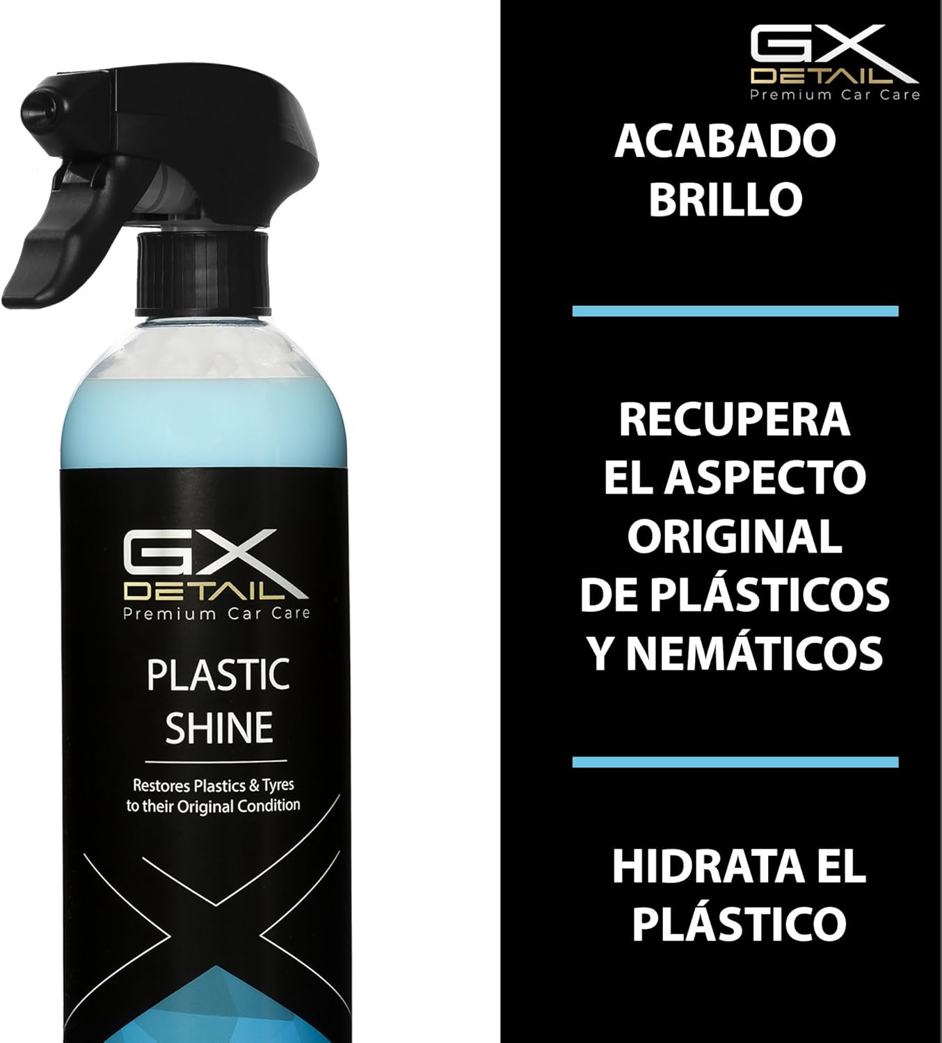 Imagen de GxDetail Recuperador de Plásticos y Abrillantador Hidratador de Plástico y Neumáticos Coche y Moto 500ml. – Recuperador de Gomas Viejas, Interior, Exterior, Ruedas.