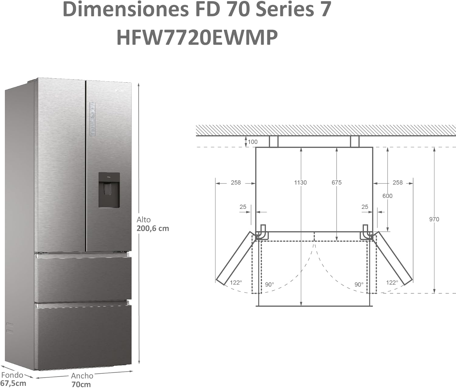 Imagen de Haier FD 70 Series 7 HFW7720EWMP - Frigorífico con Dispensador de Agua, Conectividad WIFI, Puerta Francesa, Cajones Direct Access, Motor Inverter, Total No Frost, 477L, Ancho 70 cm, Alto 2 m, Inox