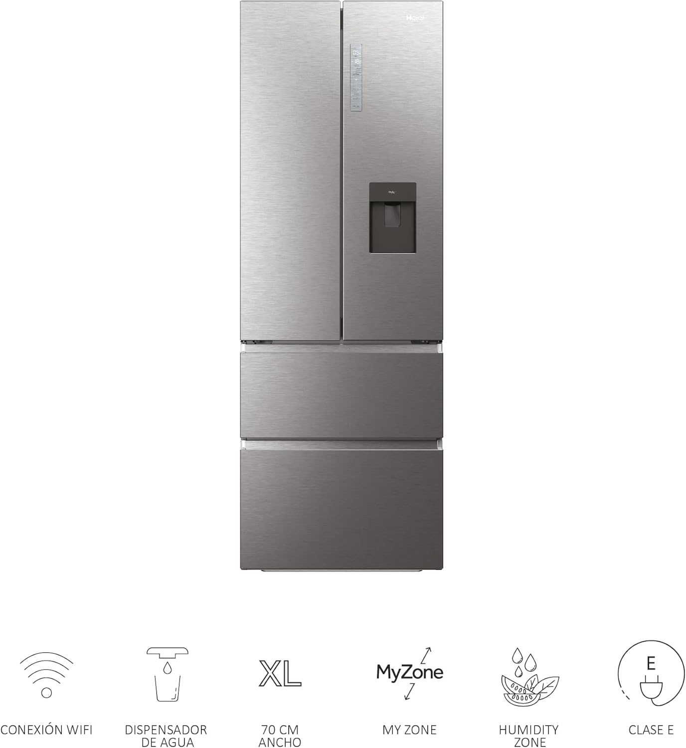 Imagen de Haier FD 70 Series 7 HFW7720EWMP - Frigorífico con Dispensador de Agua, Conectividad WIFI, Puerta Francesa, Cajones Direct Access, Motor Inverter, Total No Frost, 477L, Ancho 70 cm, Alto 2 m, Inox