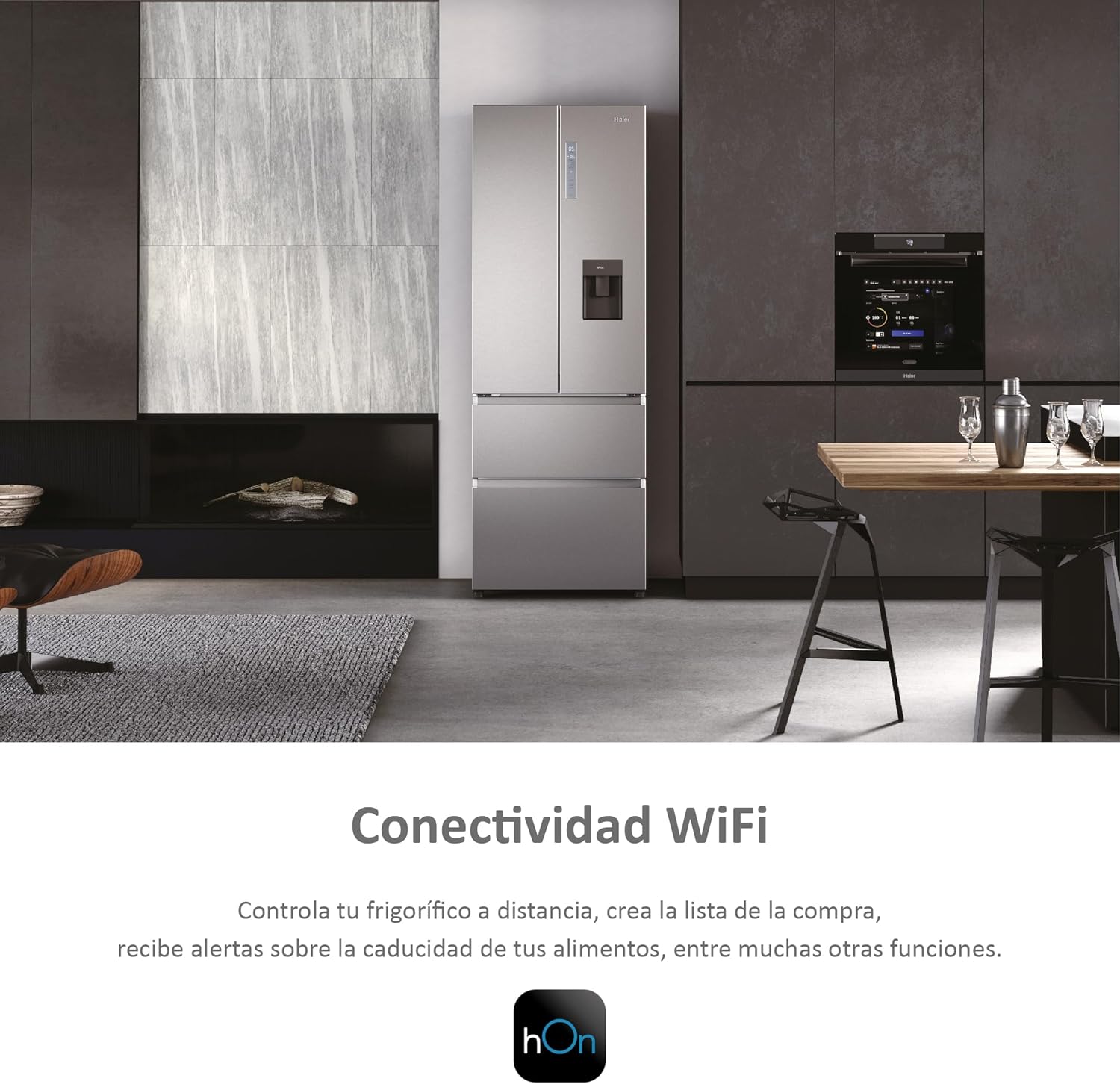Imagen de Haier FD 70 Series 7 HFW7720EWMP - Frigorífico con Dispensador de Agua, Conectividad WIFI, Puerta Francesa, Cajones Direct Access, Motor Inverter, Total No Frost, 477L, Ancho 70 cm, Alto 2 m, Inox