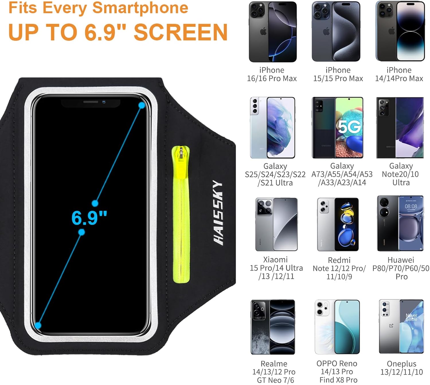 Imagen de HAISSKY Brazalete Deportivo para Correr con Bolsa de Auriculares, Brazalete Móvil Deportivo Ajustable para iPhone 16 Pro MAX 15 Pro 14 13 12 11 Plus, Galaxy S25/S24/S23/S22, hasta 6,9" (Negro)