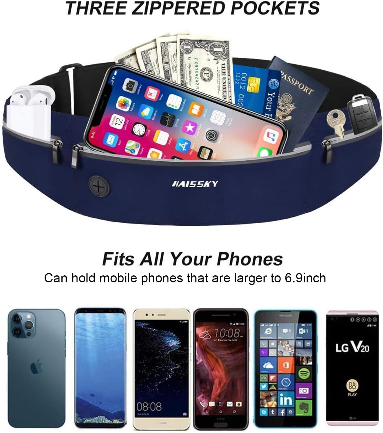 Imagen de HAISSKY Cinturón de Correr para Mujeres y Hombres, riñonera con Cremallera con Agujero para Auriculares de hasta 6,9 Pulgadas Mientras caminas, Senderismo, Hacer Deportes al Aire Libre