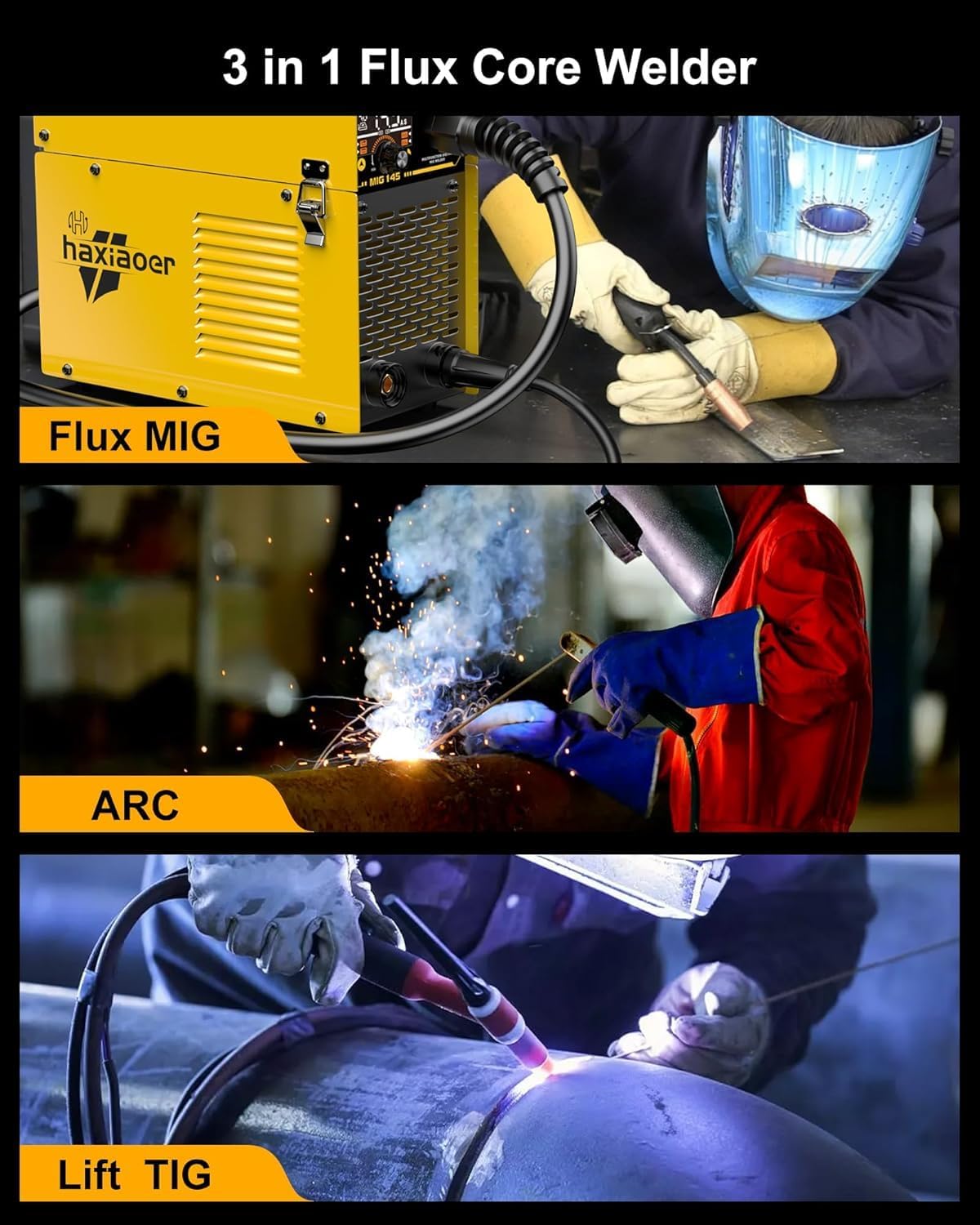 Imagen de Haxiaoer 145A Soldador de Hilo Continuo Sin Gas 3 en 1 Máquina de Soldar MIG con ARC/Flux MIG/Lift TIG, Pantalla LED Digital Inteligente, Soldador Inversor Compacto