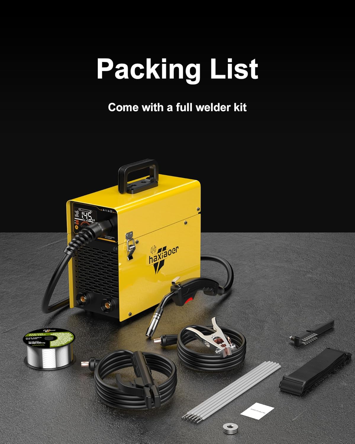 Imagen de Haxiaoer 145A Soldador de Hilo Continuo Sin Gas 3 en 1 Máquina de Soldar MIG con ARC/Flux MIG/Lift TIG, Pantalla LED Digital Inteligente, Soldador Inversor Compacto