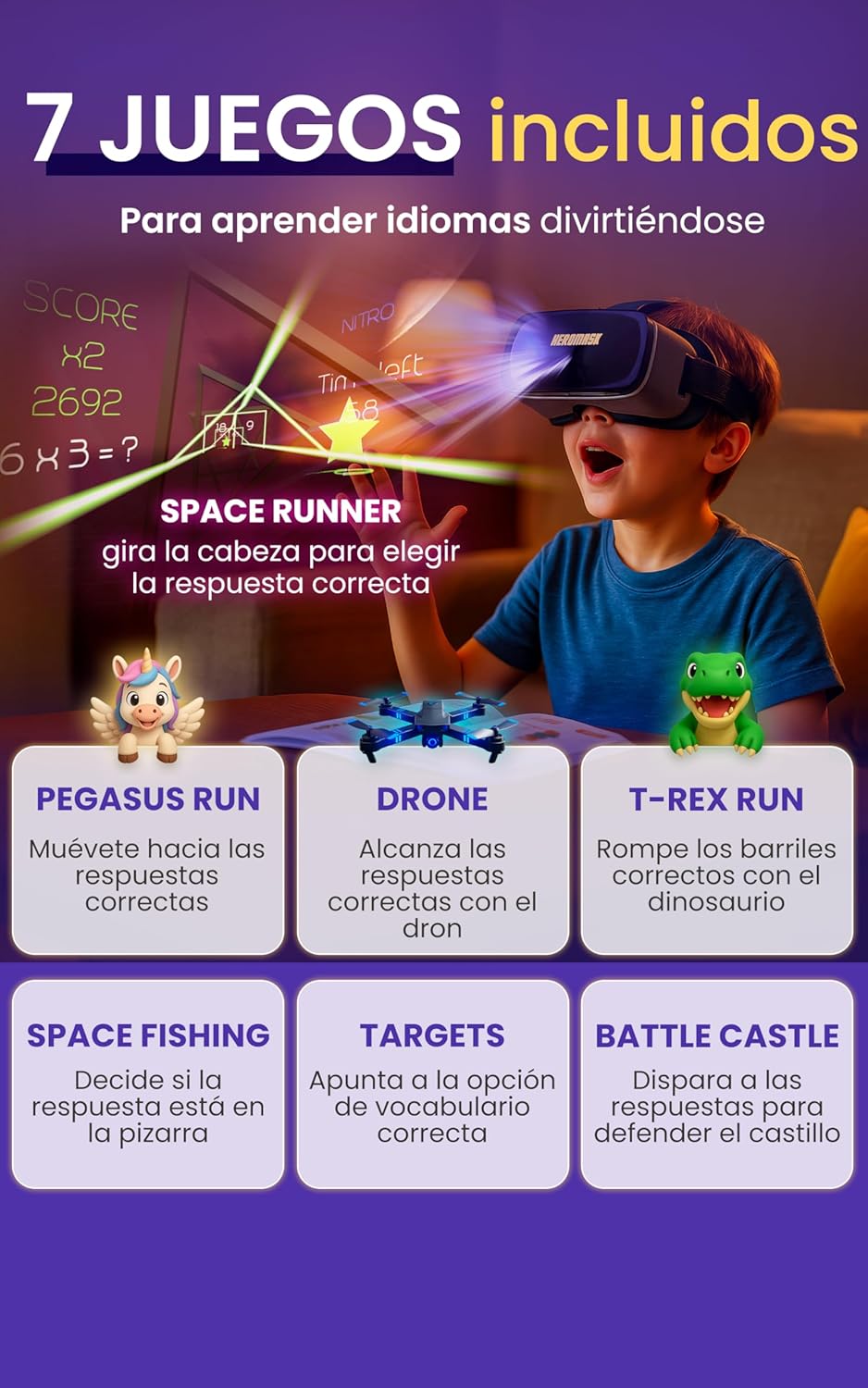 Imagen de Heromask Idiomas: Gafas Virtuales + Juegos (5-12 años) ― Regalo Que motiva a Aprender inglés, Chino y Otros Idiomas Mientras Juega a Videojuegos de Realidad Virtual
