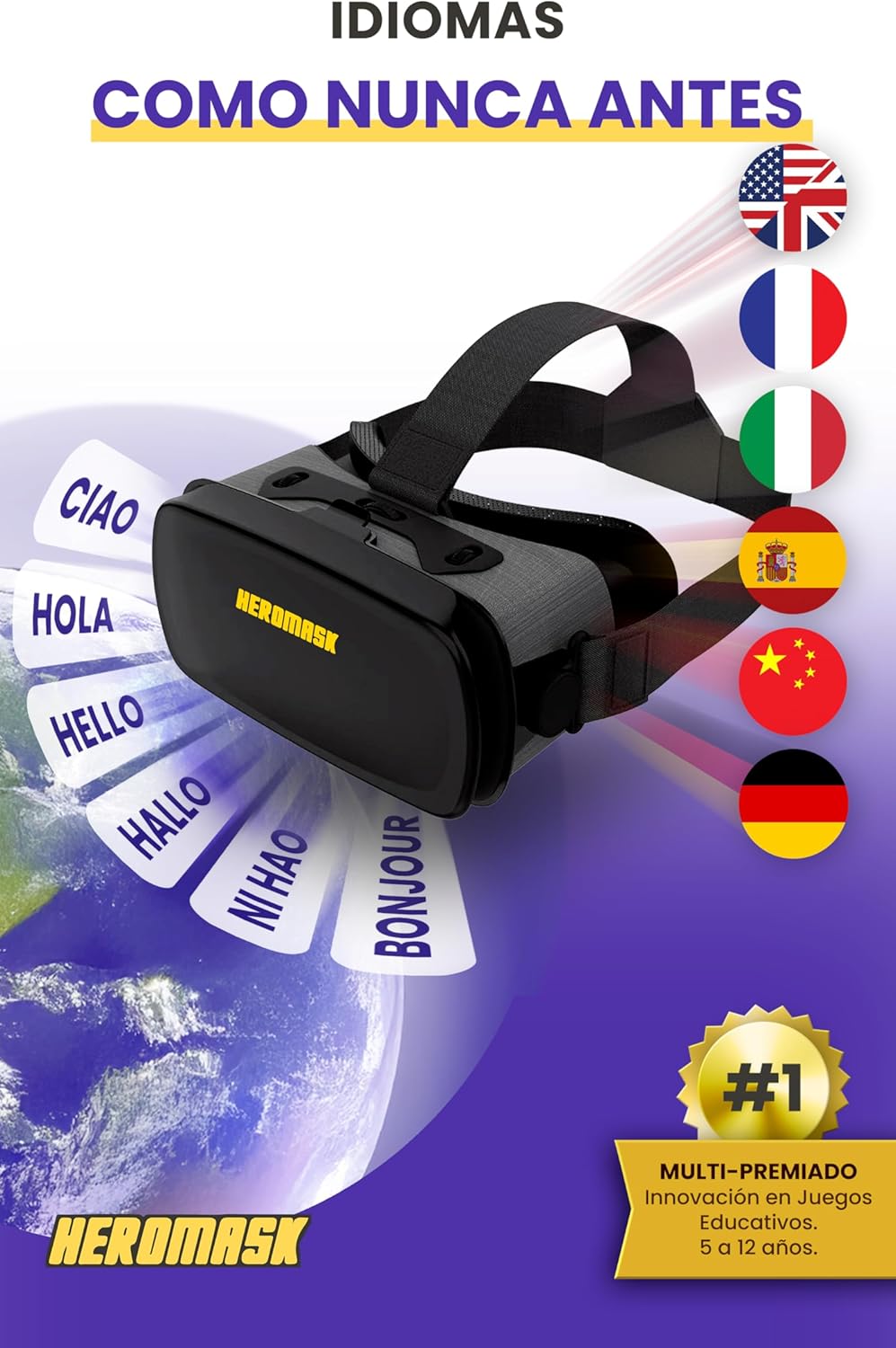 Imagen de Heromask Idiomas: Gafas Virtuales + Juegos (5-12 años) ― Regalo Que motiva a Aprender inglés, Chino y Otros Idiomas Mientras Juega a Videojuegos de Realidad Virtual