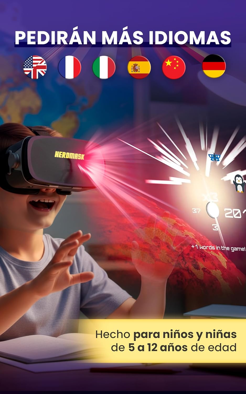 Imagen de Heromask Idiomas: Gafas Virtuales + Juegos (5-12 años) ― Regalo Que motiva a Aprender inglés, Chino y Otros Idiomas Mientras Juega a Videojuegos de Realidad Virtual