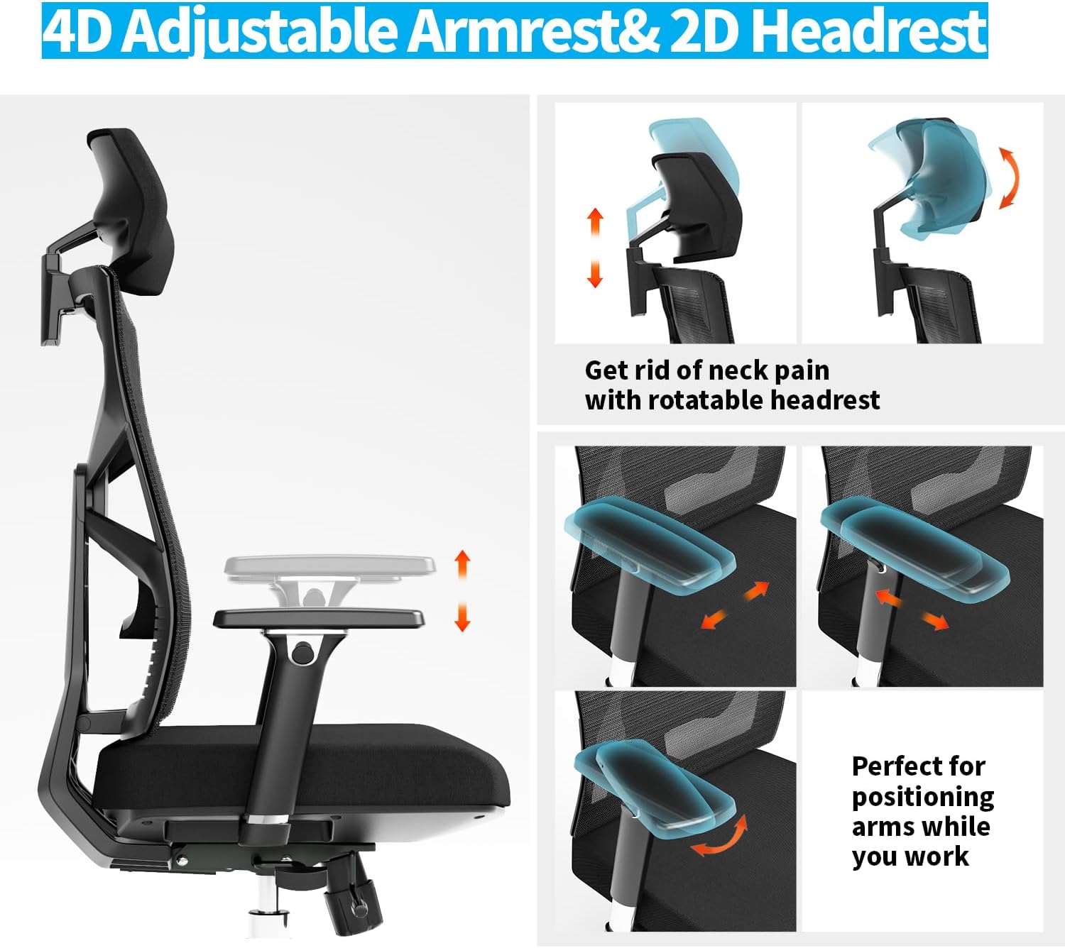 Imagen de HOLLUDLE Silla de Oficina Ergonómica con Respaldo Adaptativo, Silla de Escritorio de Alto Respaldo con Reposabrazos 4D, Profundidad de Asiento Ajustable, Soporte Lumbar y Reposacabezas 2D, Negro