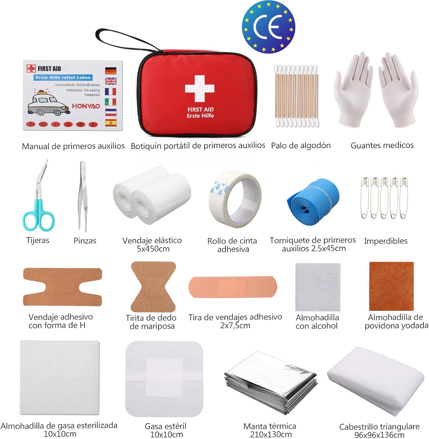 Imagen de HONYAO® Botiquín de Primeros Auxilios 90 Piezas, Mini Kit Primeros Auxilios, Botiquin Pequeño para Coche Casa Lugar Trabajo Mochila y Acampar Senderismo Viaje