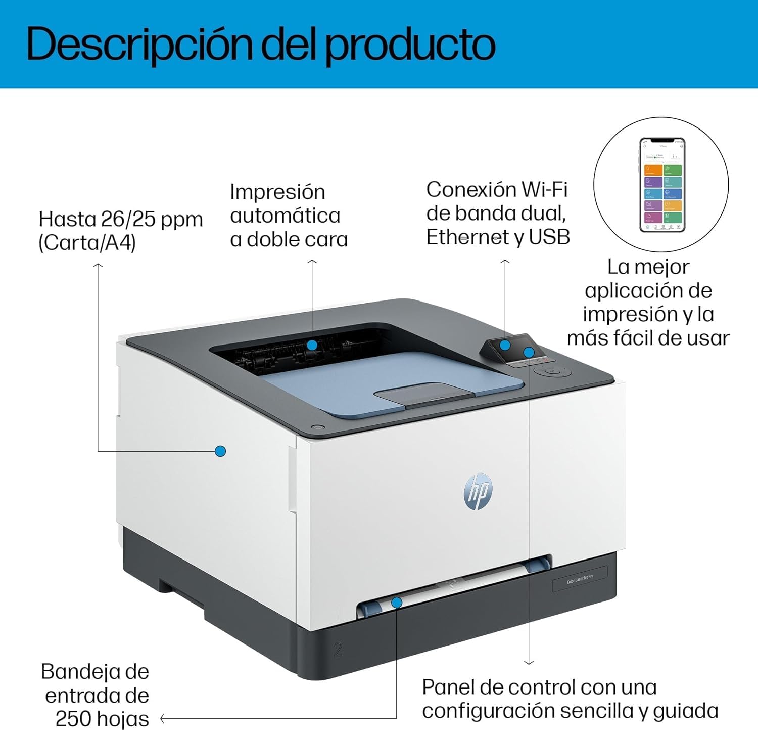 Imagen de HP Color LaserJet Pro 3302sdw 499Q6F, Impresora Laser A4 Multifunción a Doble Cara automática, Escaner, Copiadora (25ppm, Wi-Fi Direct, Procesador 1,2 GHz, Memoria 512MB, Smart App) Blanca y Azul