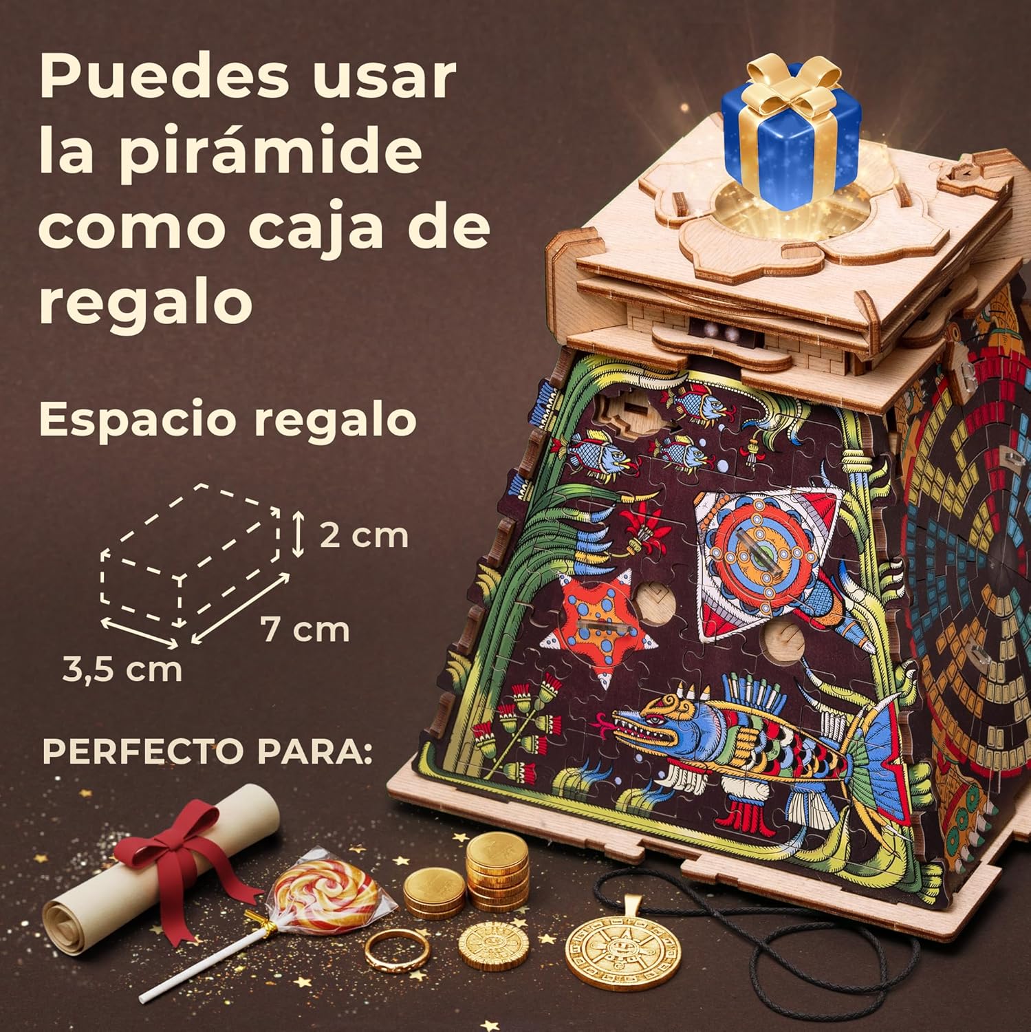 Imagen de iDventure Cluepuzzle Pirámide de Sol - Juego de Escape Room con rompecabezas de Jigsaw - Puzzle de madera 3D - Caja de regalo - Cofre del tesoro - Caja de rompecabezas secuencial para adultos - Regalo