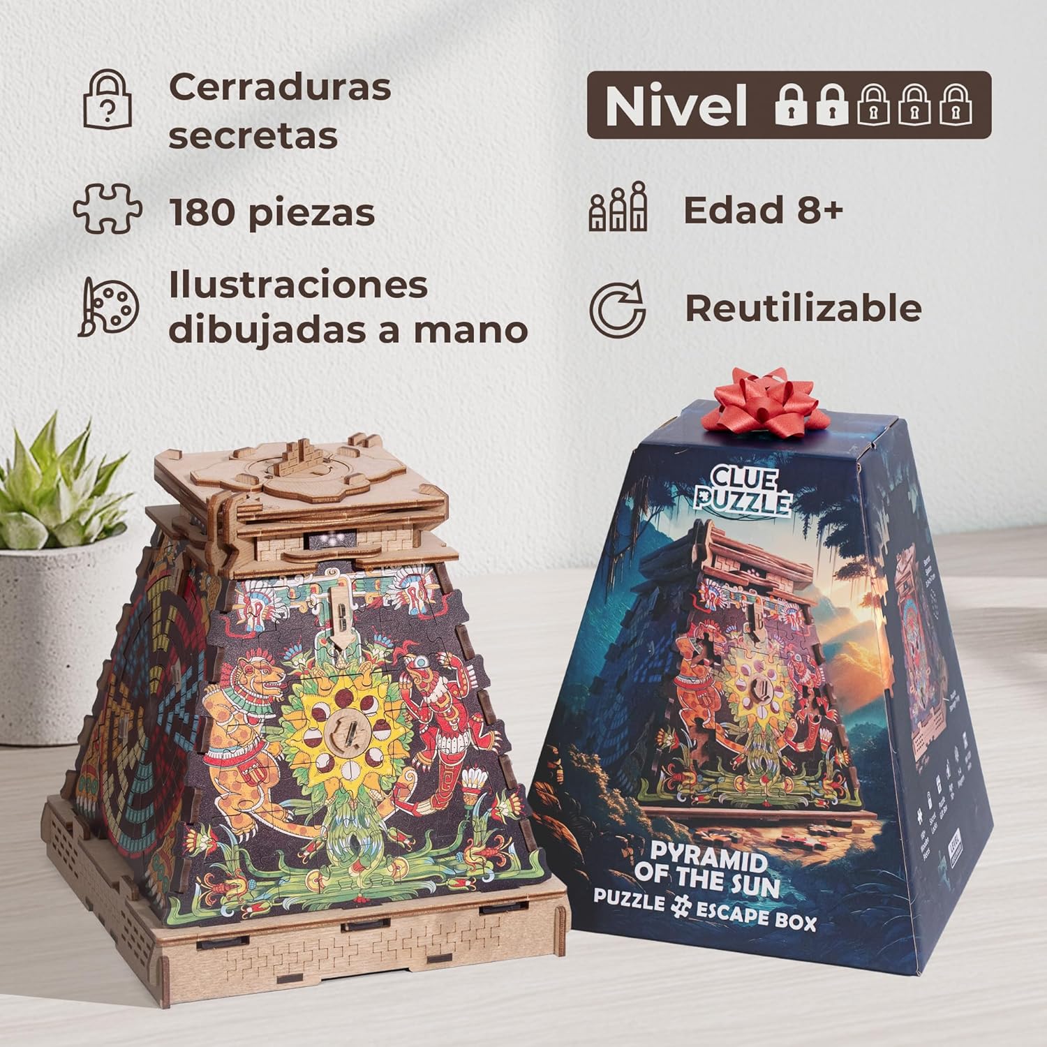 Imagen de iDventure Cluepuzzle Pirámide de Sol - Juego de Escape Room con rompecabezas de Jigsaw - Puzzle de madera 3D - Caja de regalo - Cofre del tesoro - Caja de rompecabezas secuencial para adultos - Regalo