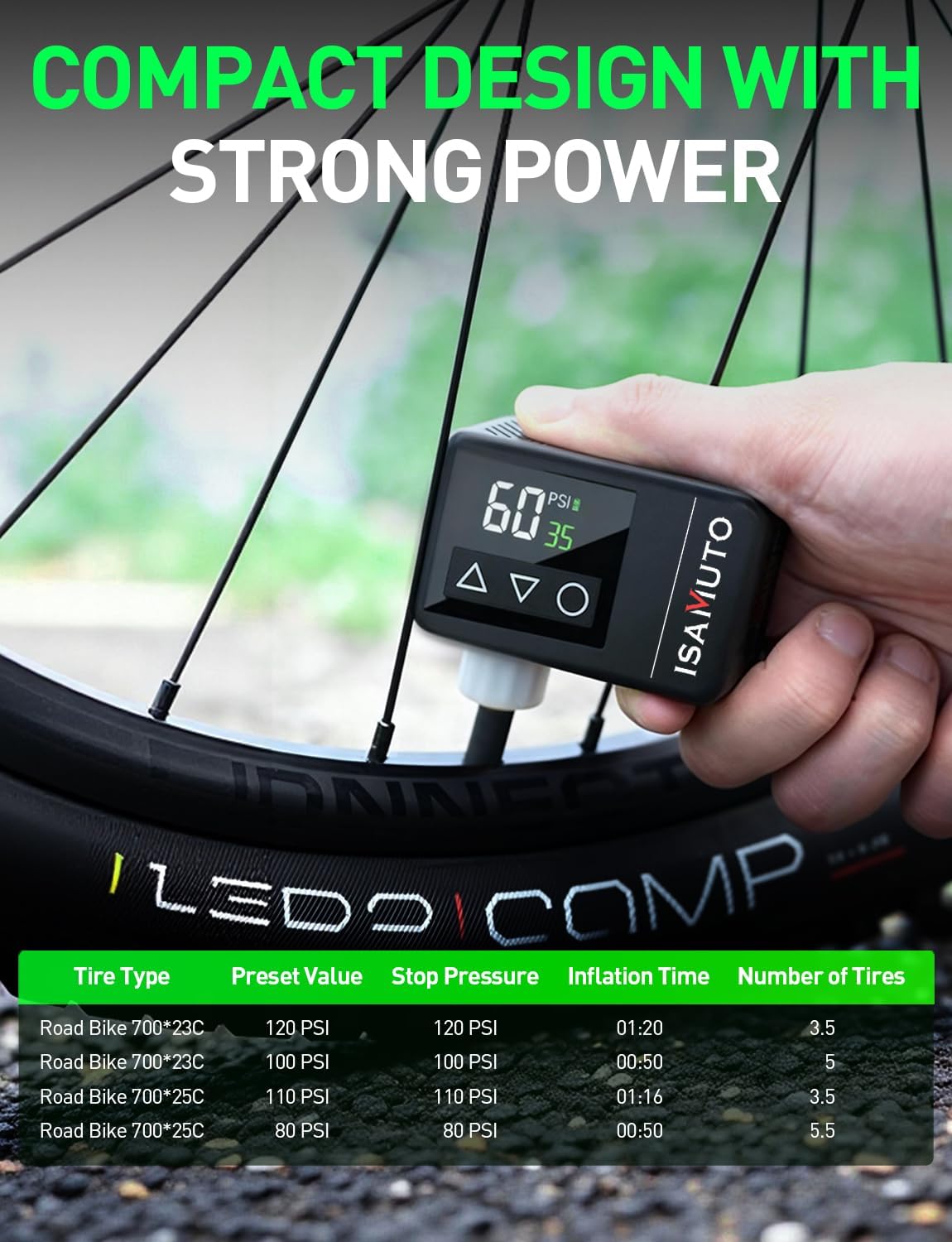 Imagen de Inflador Eléctrico Bicicleta 120 PSI, Mini Compresor de Aire Portátil con Pantalla Digital, Bomba Bicicleta Recargable Compatible con Válvulas Presta y Schrader para Bicicleta MTB y Carretera