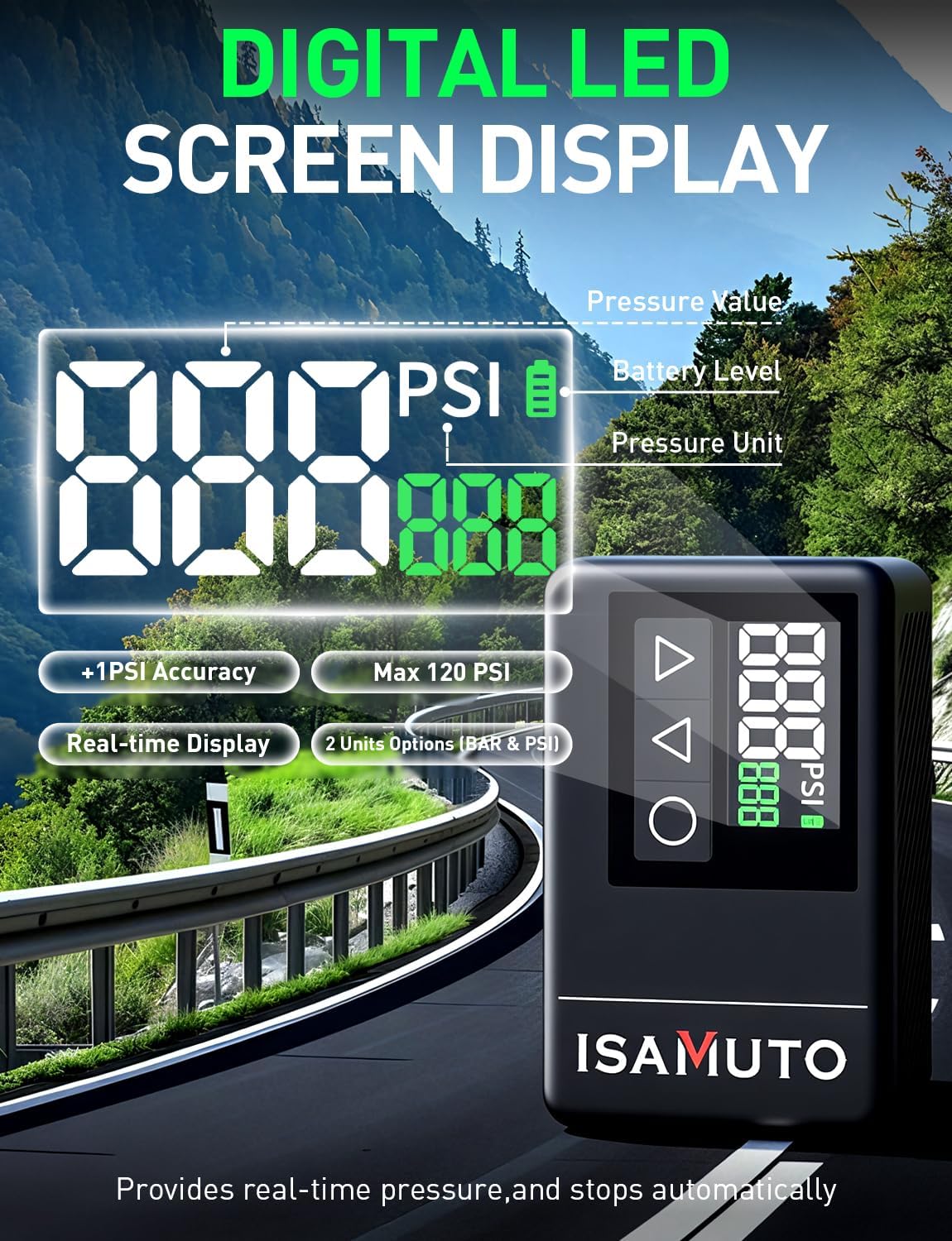 Imagen de Inflador Eléctrico Bicicleta 120 PSI, Mini Compresor de Aire Portátil con Pantalla Digital, Bomba Bicicleta Recargable Compatible con Válvulas Presta y Schrader para Bicicleta MTB y Carretera