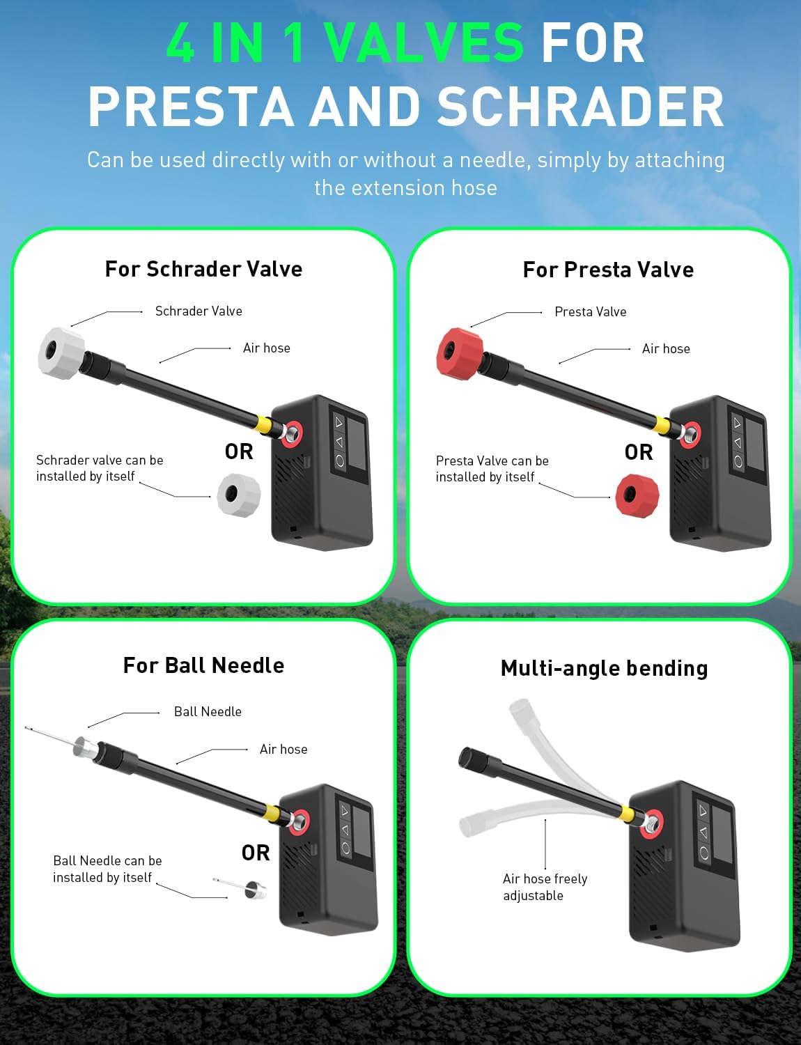 Imagen de Inflador Eléctrico Bicicleta 120 PSI, Mini Compresor de Aire Portátil con Pantalla Digital, Bomba Bicicleta Recargable Compatible con Válvulas Presta y Schrader para Bicicleta MTB y Carretera