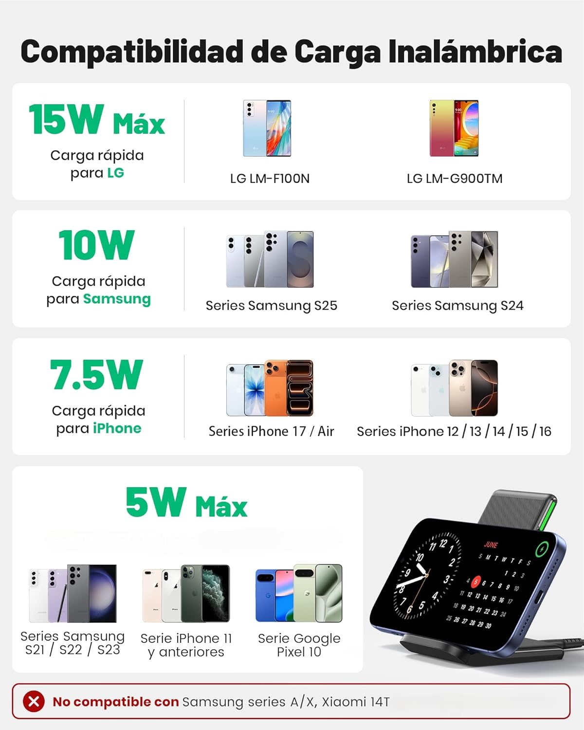 Imagen de INIU Cargador Inalámbrico Rápido Stand, 15W Wireless Charger Estación Phone Fast Charge Holder para iPhone 17 16 15 14 13 12 11 Pro MAX Samsung Galaxy S23 S22 Google Pixel 8 7 6 etc