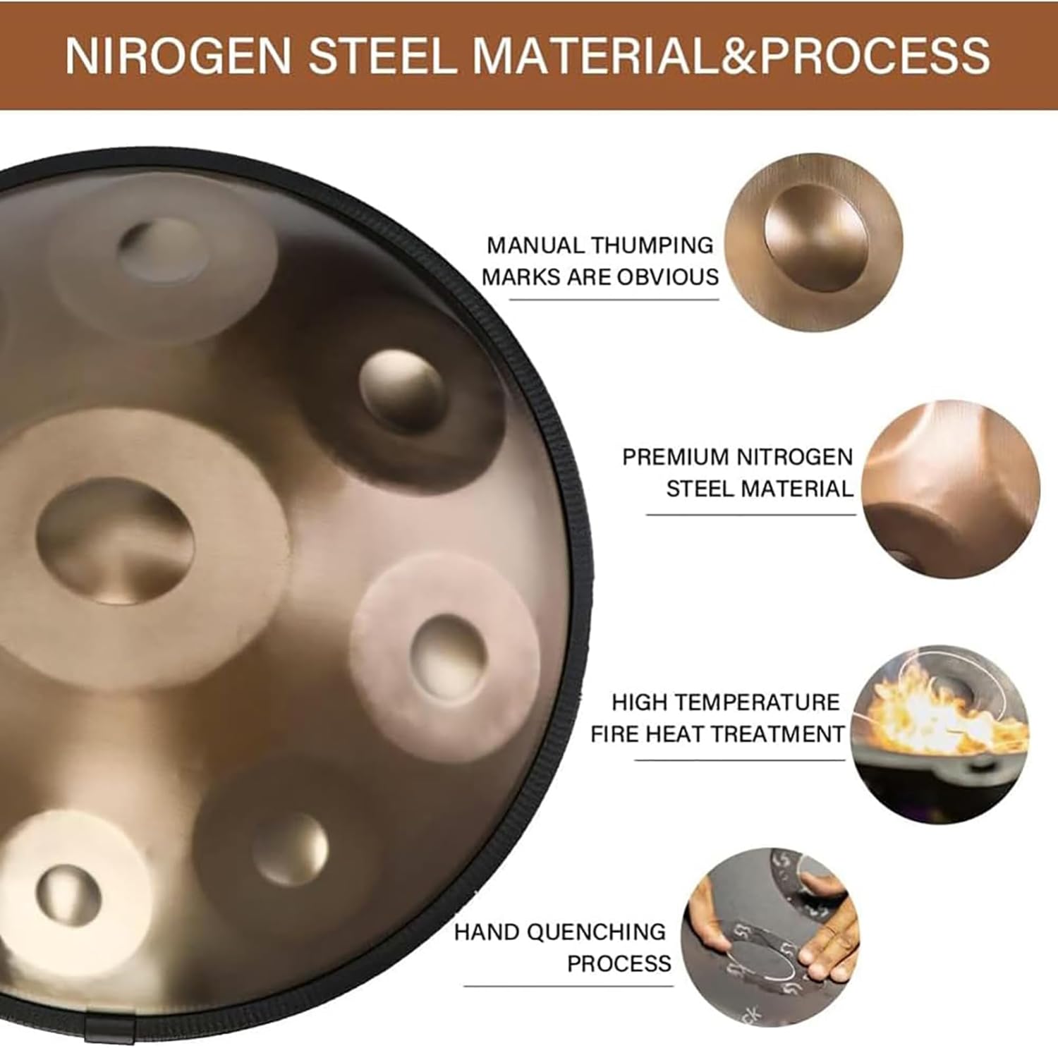 Imagen de Instrumento de tambor Handpan, tambor de acero de 22 pulgadas en re menor, 9 notas 440 Hz percusión instrumentos musicales juego de batería de mano, hecho a mano,con soporte de mazo de bolsa -oro