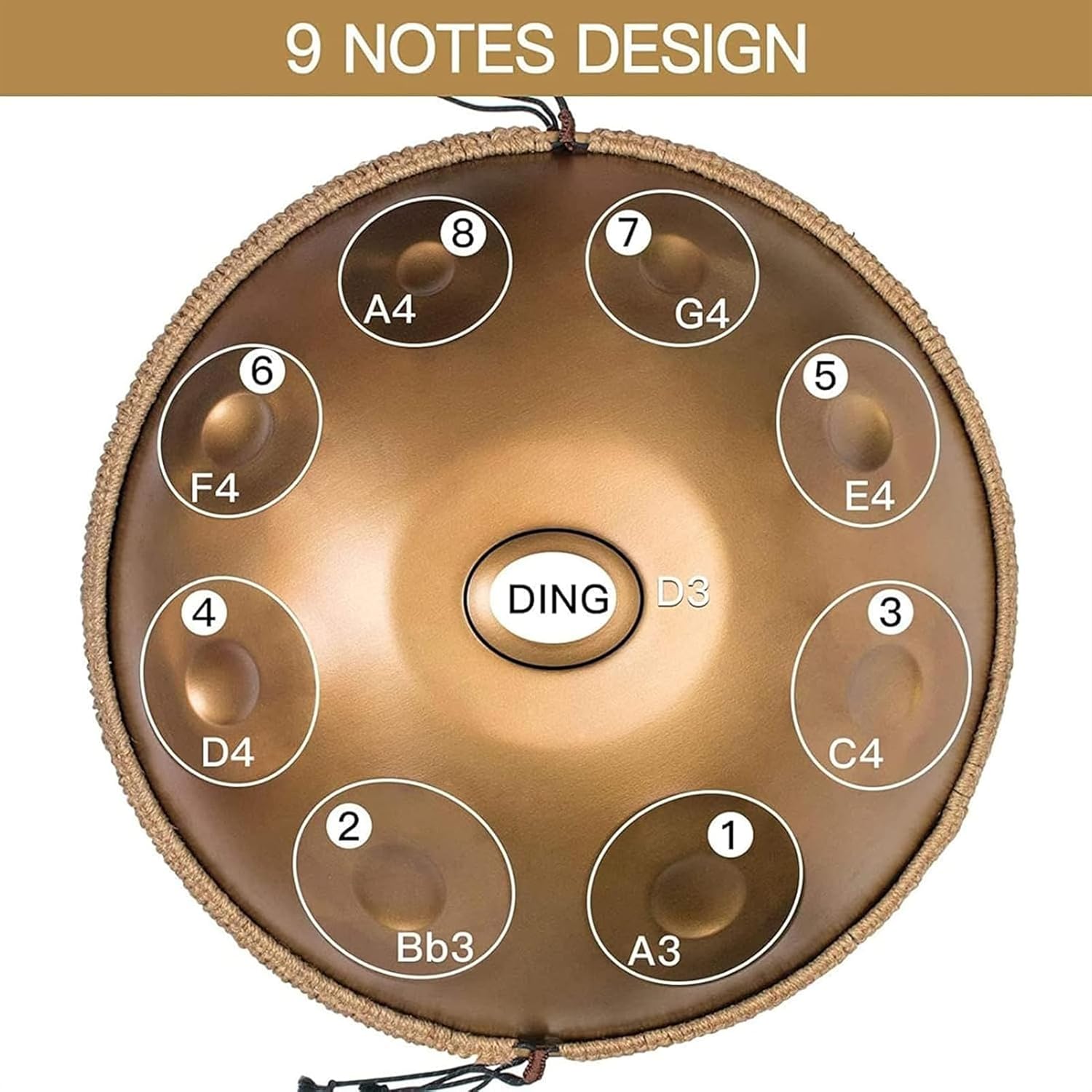 Imagen de Instrumento de tambor Handpan, tambor de acero de 22 pulgadas en re menor, 9 notas 440 Hz percusión instrumentos musicales juego de batería de mano, hecho a mano,con soporte de mazo de bolsa -oro